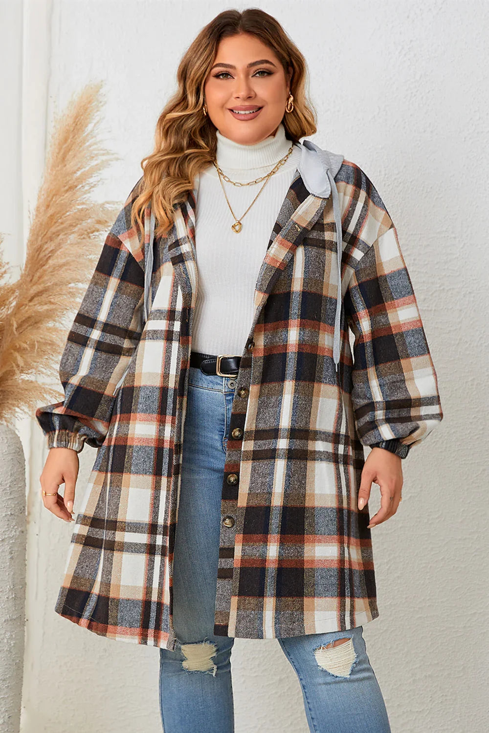 Honey Plus Size Plaid Drop Shoulder Hooded Coat displayed on a model, styled for cozy autumn wear.