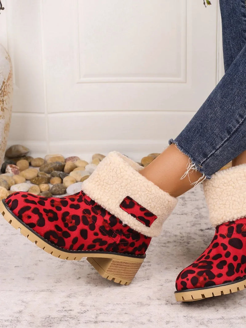 Leopard Print Block Heel Fuzzy Boots showcasing cozy red and black leopard print design with fluffy ankle cuff.