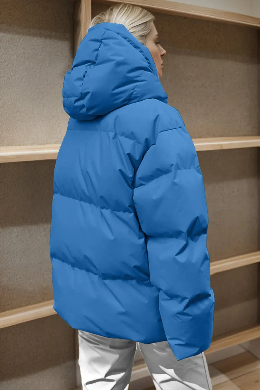 Pocketed Zip Up Hooded Puffer Jacket – Women’s Warm Winter Outerwear in blue, featuring a cozy hood and spacious back design.