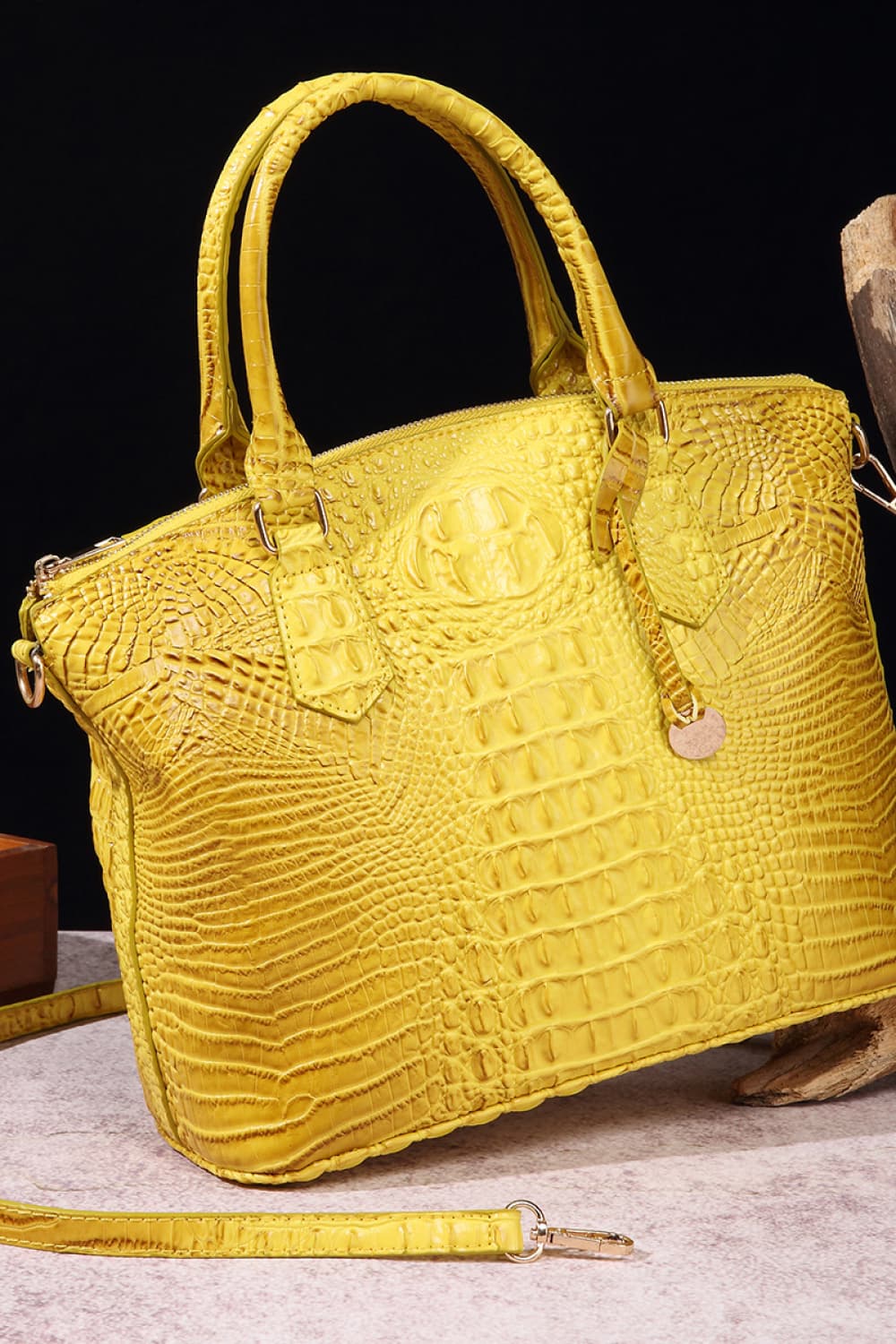 PU Leather Handbag (Medium) | Everyday Shoulder Bag in bright yellow crocodile texture with structured silhouette.