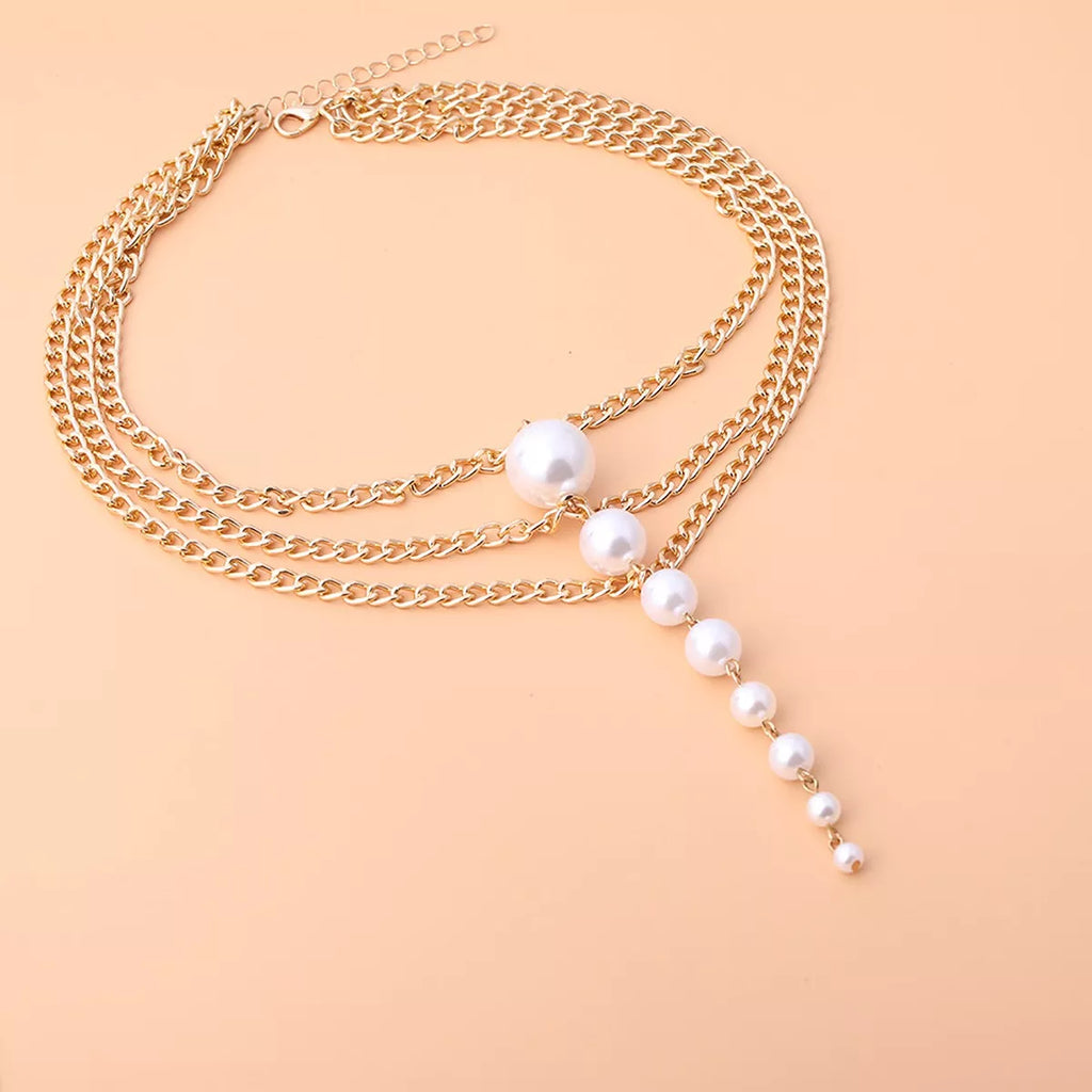 Gold chain choker necklace faux pearls featuring layered gold chains and elegant faux pearl accents.