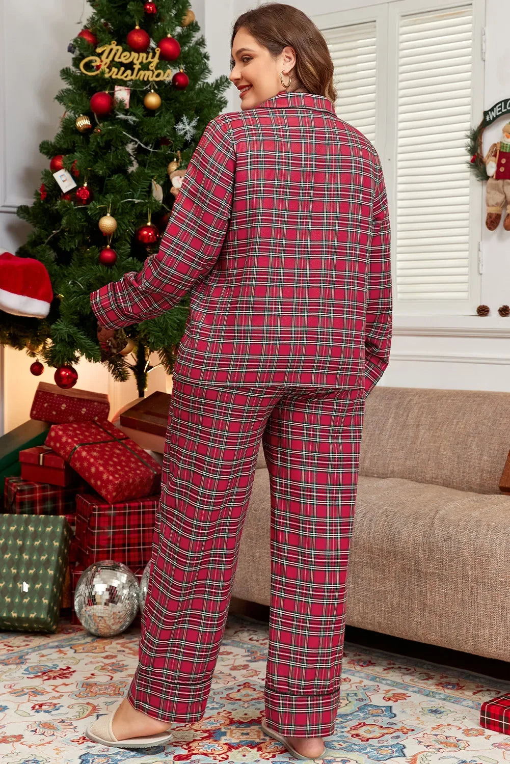 Plus Size Plaid Collared Neck Top and Pants Lounge Set showcased in festive holiday setting.