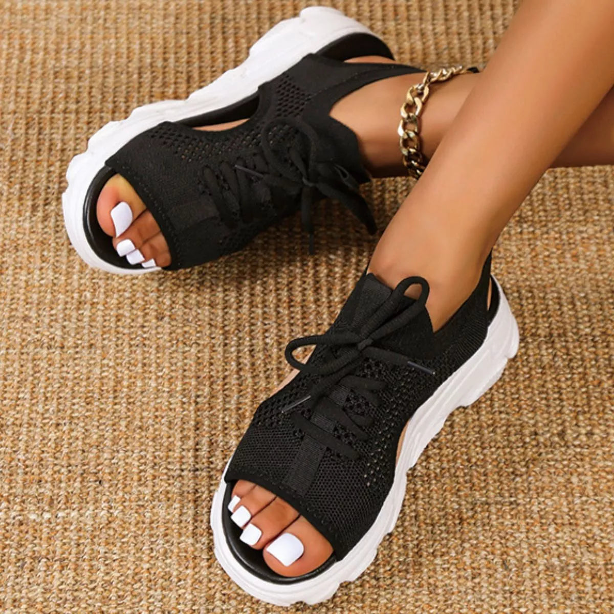 Women's Platform Sandals - Breathable Mesh black sandals with laces and white soles, perfect for summer comfort.