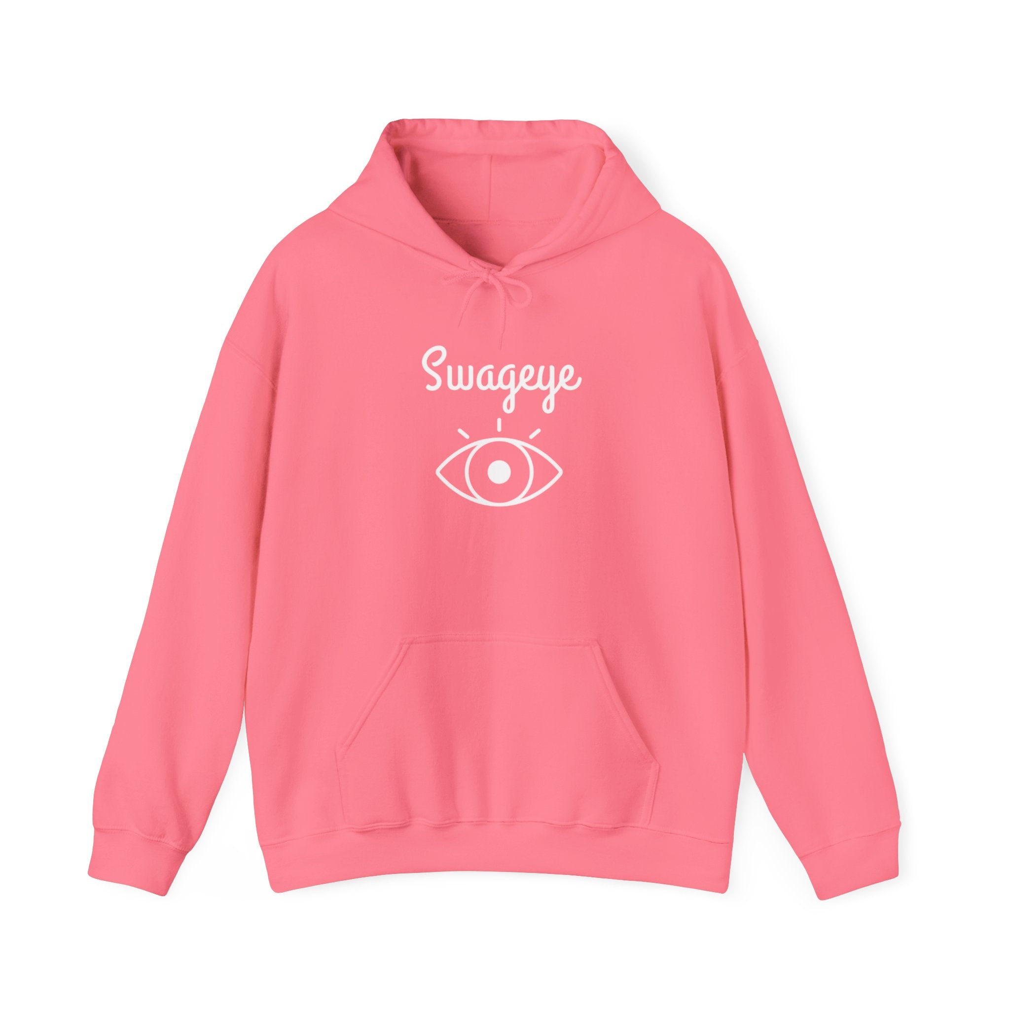 White Logo Hoodie - Swageye in pink with eye graphic and kangaroo pocket, perfect for casual wear.