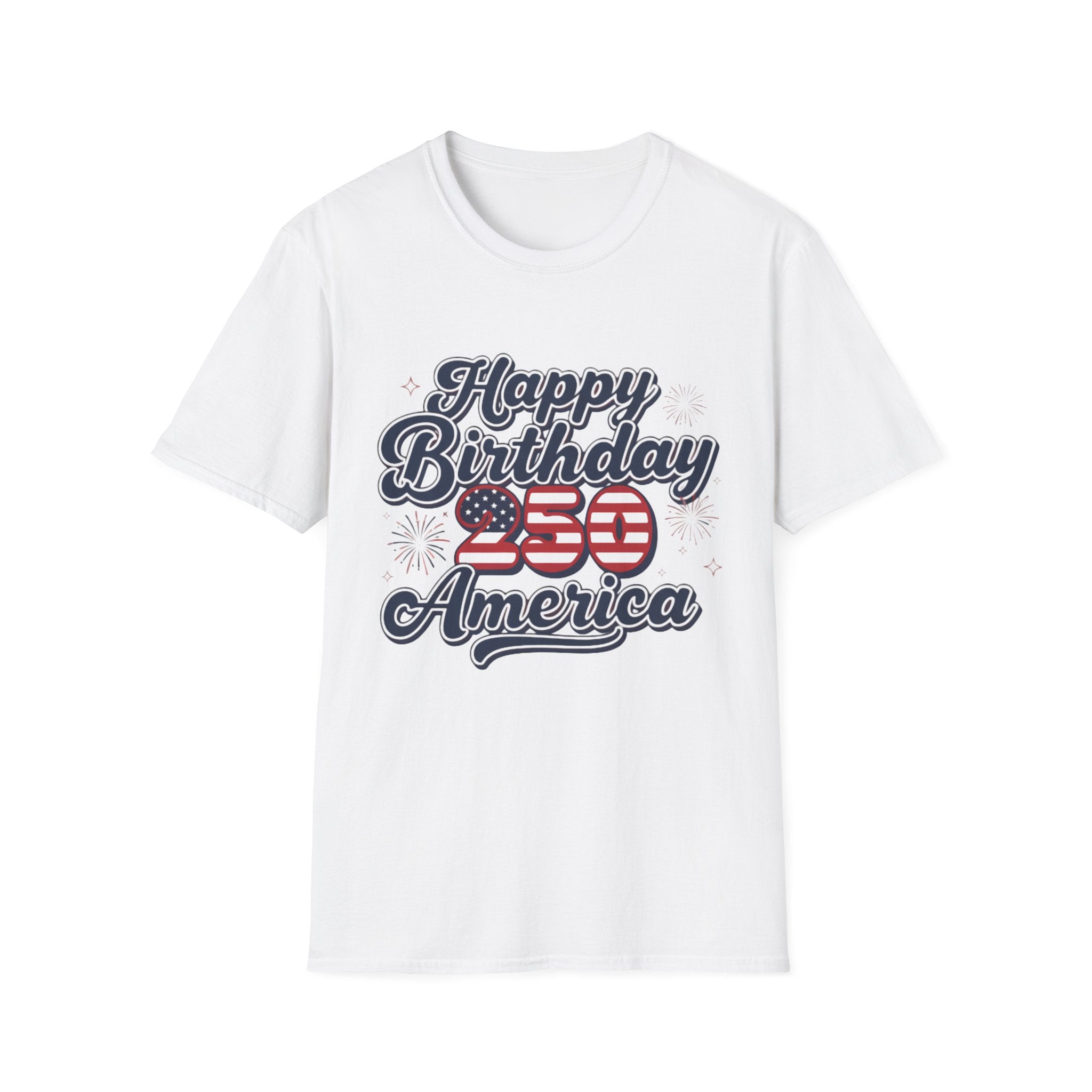 Happy Birthday America 250th Anniversary T-Shirt featuring vintage-inspired graphic on a white crew tee.