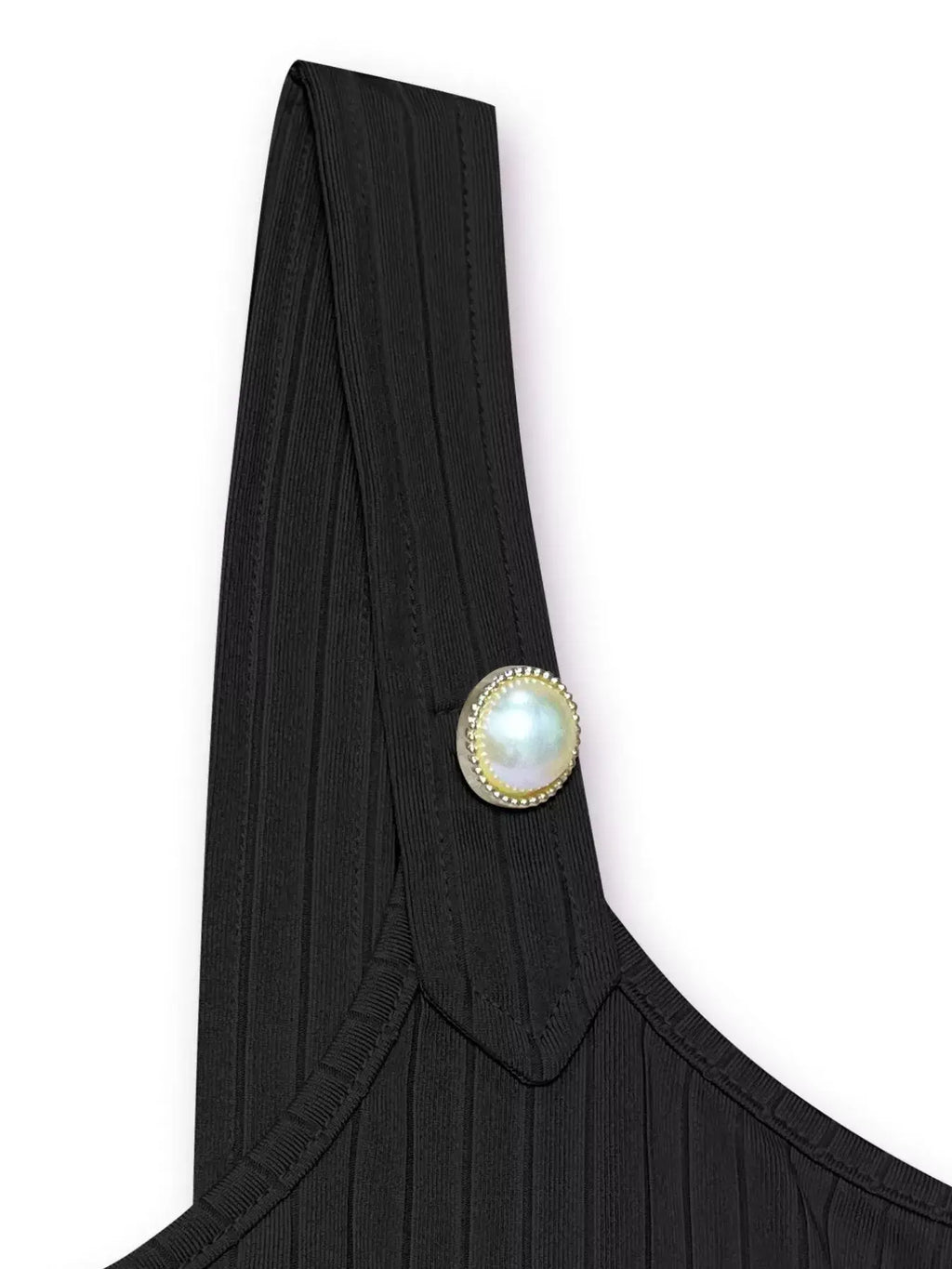 Close-up of pearl detail scoop neck tank featuring elegant pearl accent on strap.
