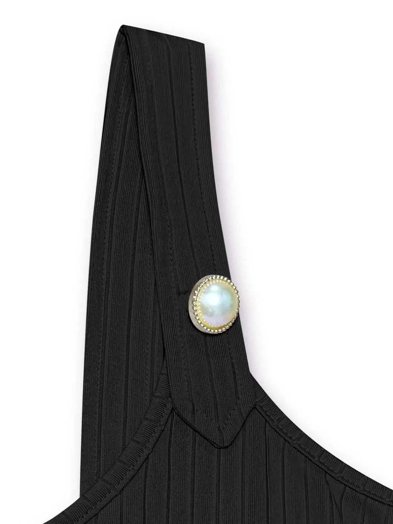 Close-up of pearl detail scoop neck tank featuring elegant pearl accent on strap.