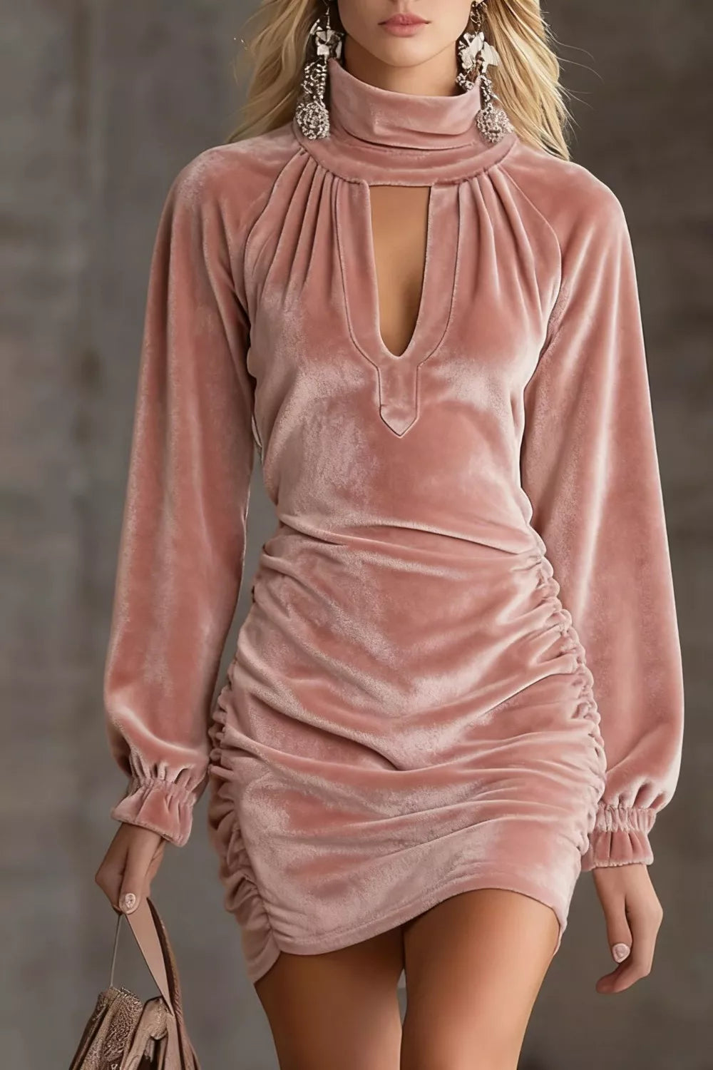 Elegant Velvet Ruched Mini Dress showcased on a model with soft velvet fabric and flattering ruching details.