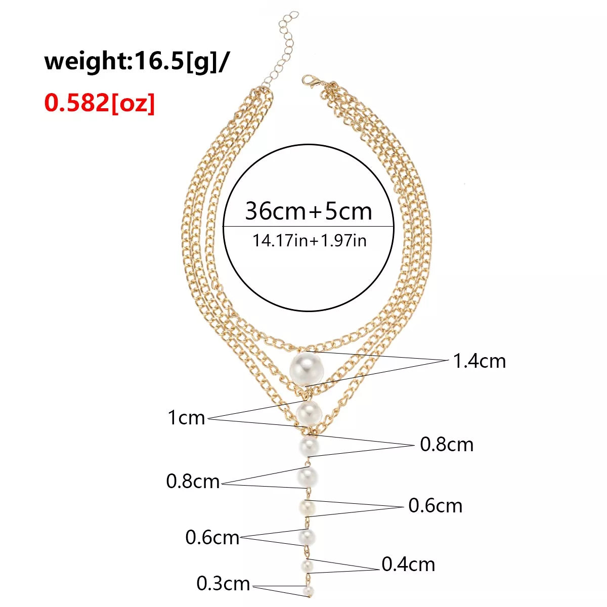 Gold chain choker necklace faux pearls with measurements: 36cm length and 16.5g weight, elegant design and faux pearl accents.