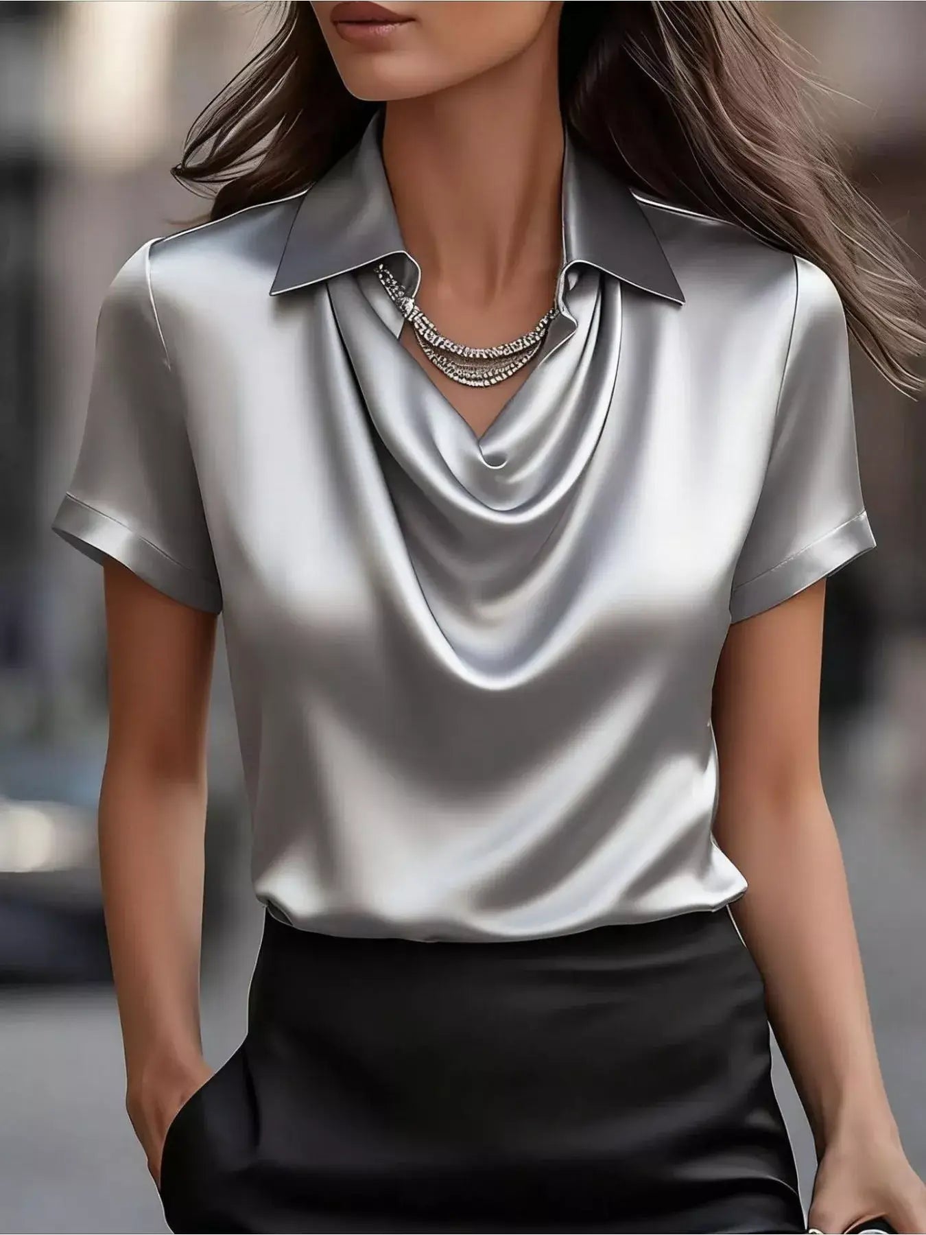 Elegant plus size shimmery blouse with collar, available in sizes S to 5XL, perfect for chic outings.