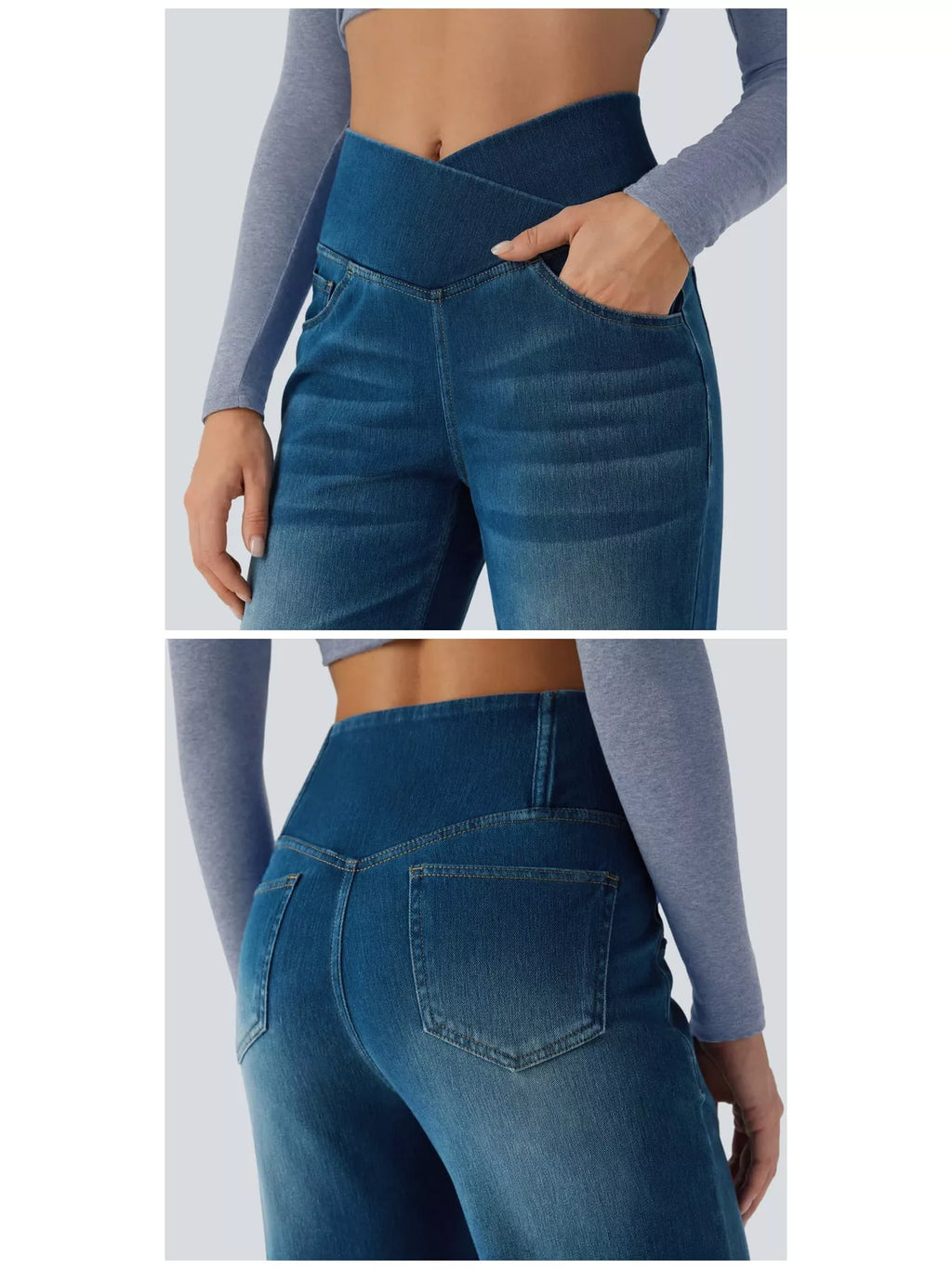 Model wearing high-waisted crossover jeans showcasing the unique crisscross design and stylish wash.