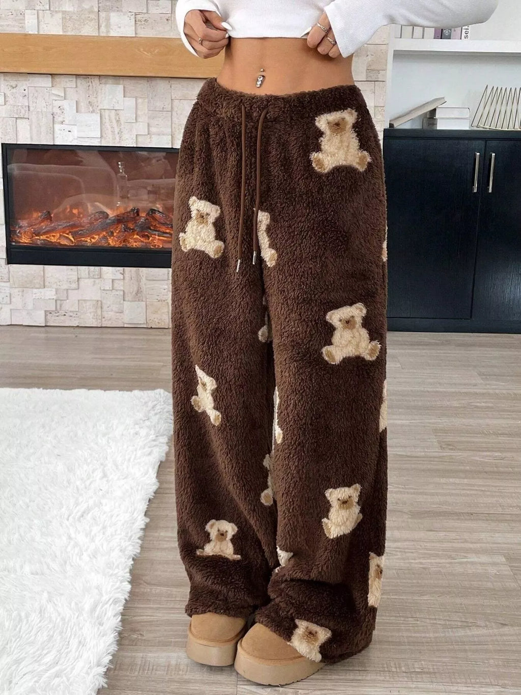 Teddy Bear Print Fluffy Pants worn by model, showcasing cozy teddy bear design, perfect for loungewear.