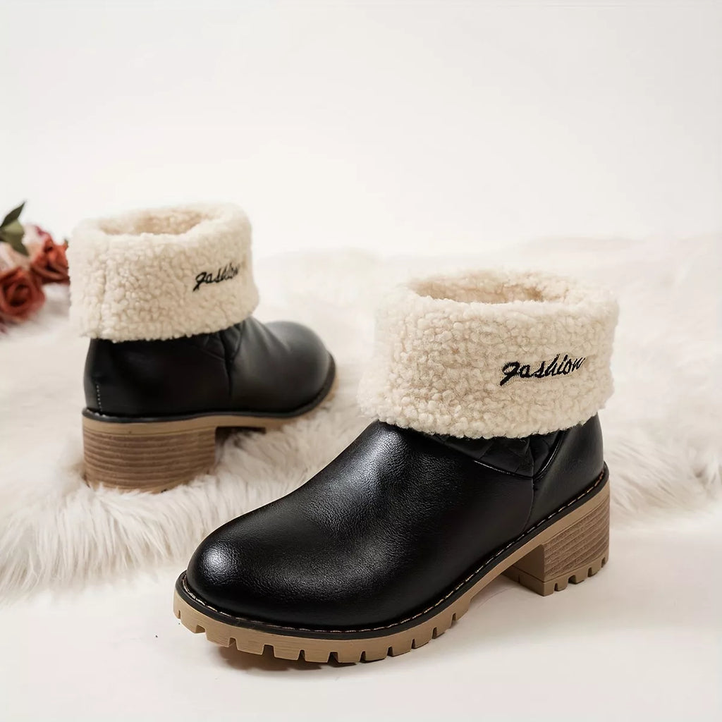 Stylish round toe block heels boots with cozy fur trim and block heel design for fashion-forward comfort.