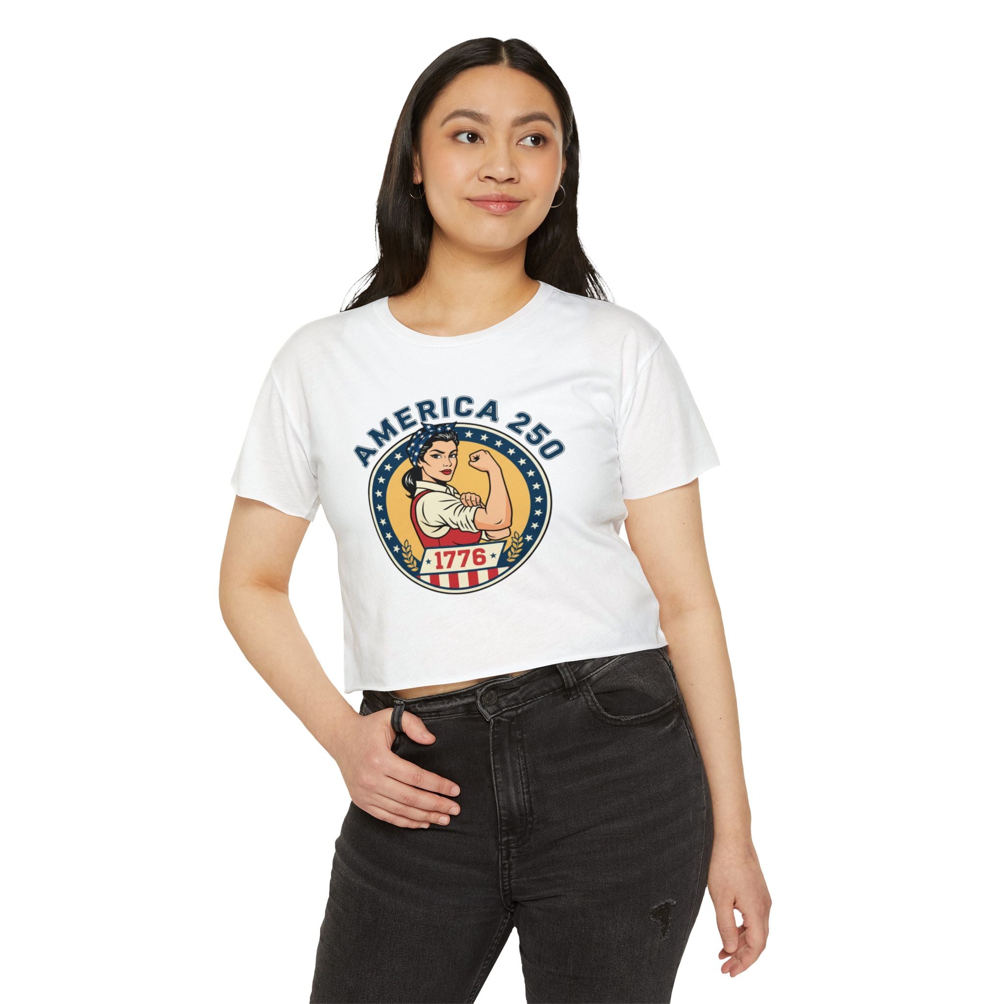 1776 Women's Clothing— 'America 250' Rosie-Inspired Patriotic Crop Top model wearing a stylish white tee.