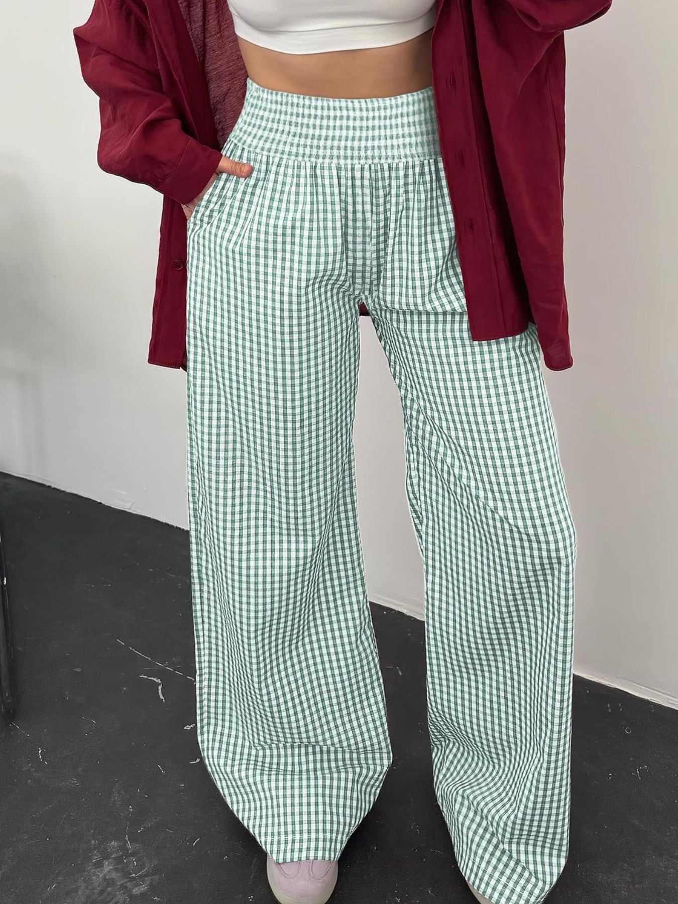 Gingham High Waist Wide Leg Pants featuring a smocked waistband and comfortable fit, perfect for casual outings.