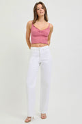 Model wearing French White Full Size High Rise Wide Baggy Pants Size Inclusive (0-3XL) with a pink crop top.