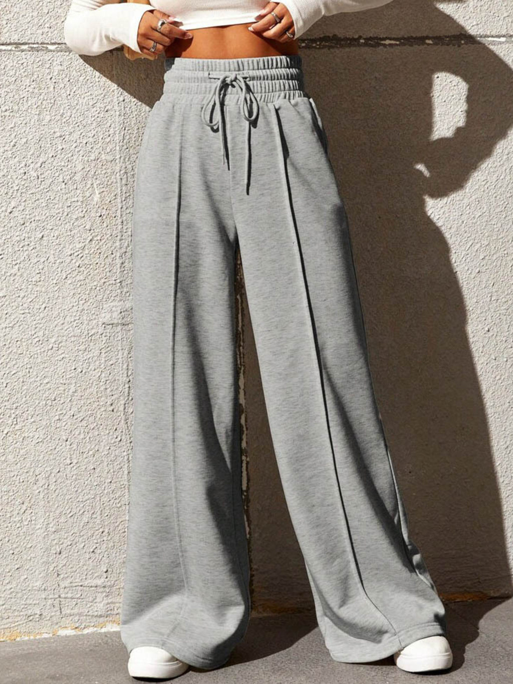 Wide Leg Drawstring Waist Pants: comfortable gray wide-leg pants featuring a drawstring waist and relaxed fit.