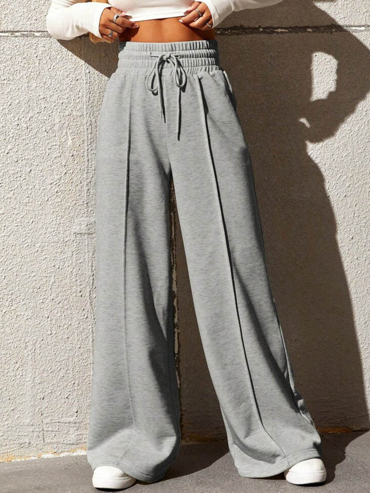Wide Leg Drawstring Waist Pants: comfortable gray wide-leg pants featuring a drawstring waist and relaxed fit.