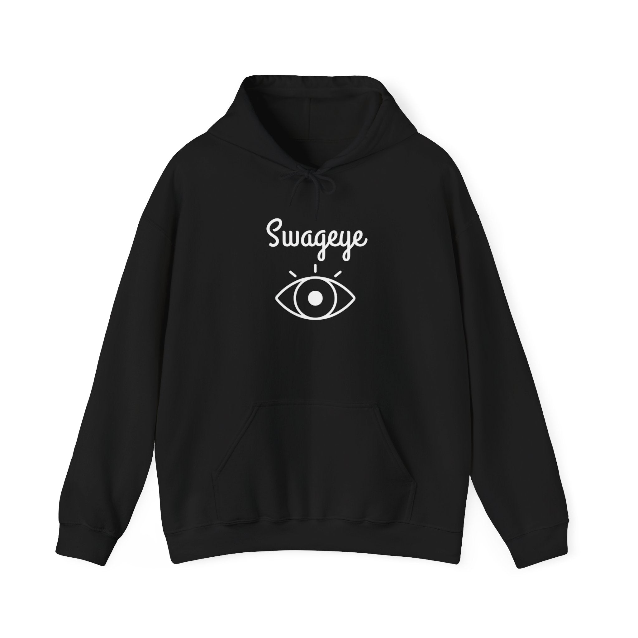 Black hoodie featuring the Swageye logo and a spacious kangaroo pocket, perfect for casual style.