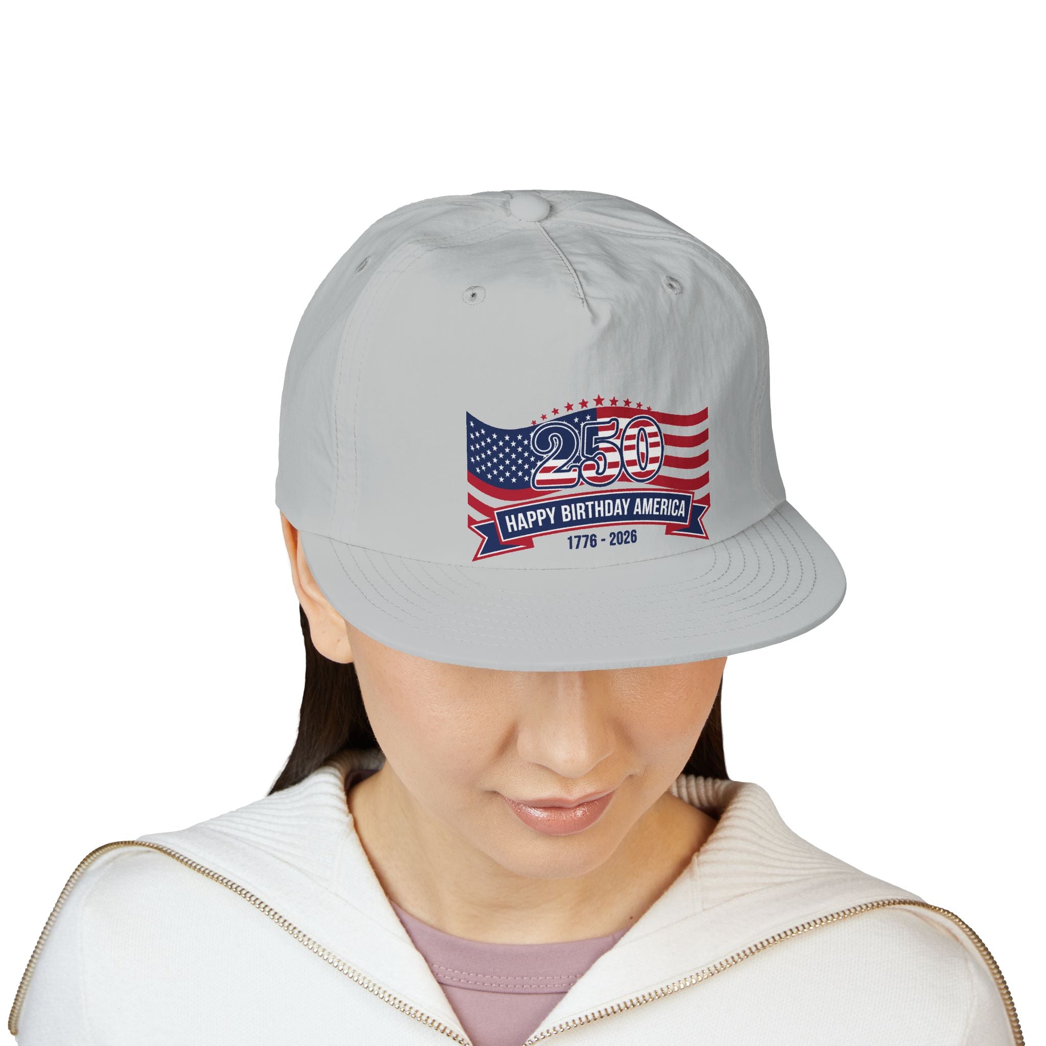 250th America Flag Cap featuring 'Happy Birthday America' design displayed on a woman wearing the cap.