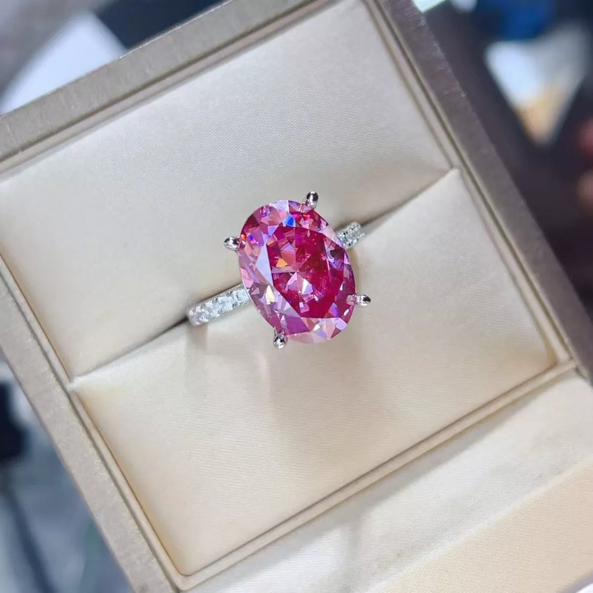 8 Carat Moissanite Oval 925 Sterling Silver Ring displayed elegantly in a luxurious ring box.