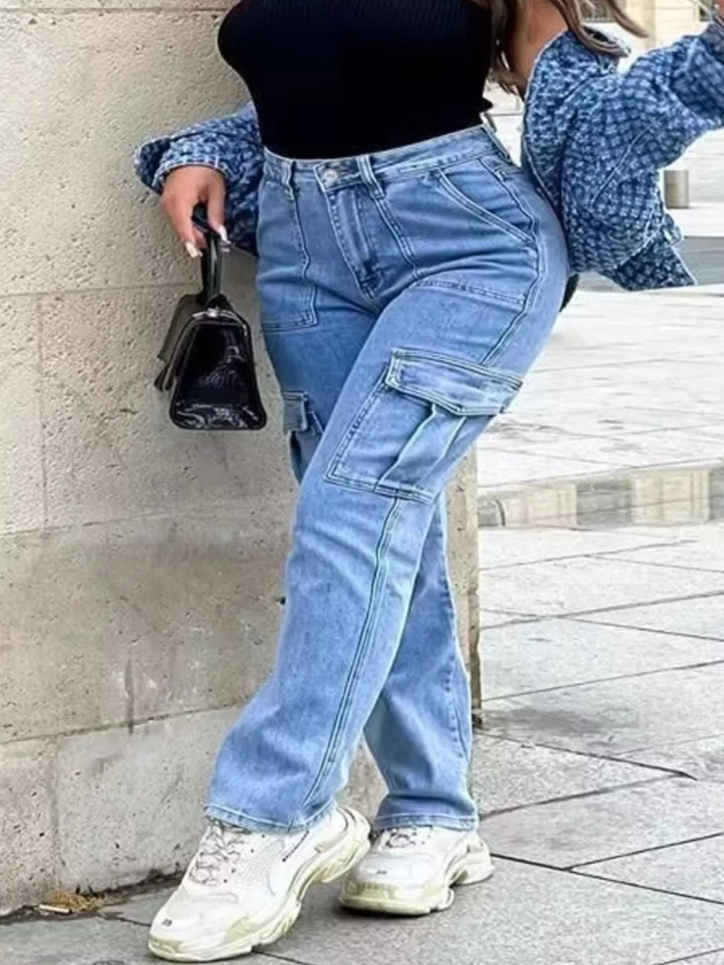 Light wash cargo jeans with pockets showcased in an urban setting, featuring a stylish figure.