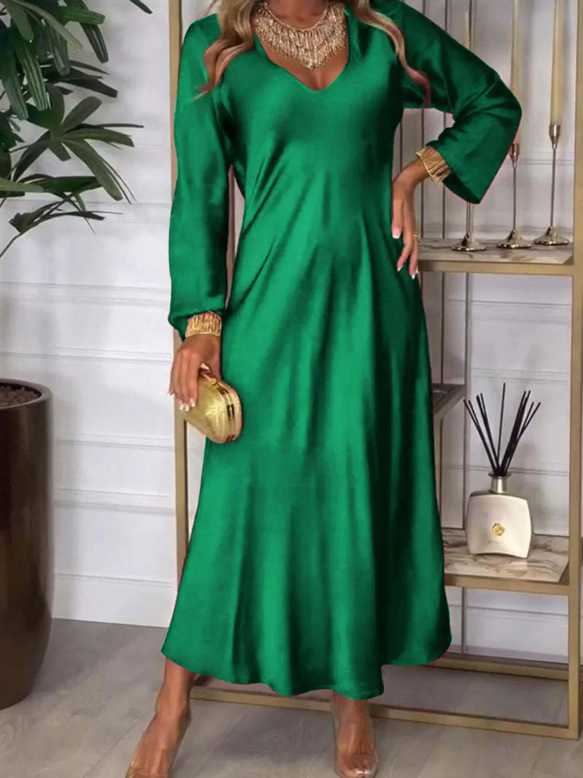 V-Neck Long Sleeve Midi Dress – Women’s Full Size, Small to 3XL in green, elegant and flowy silhouette.