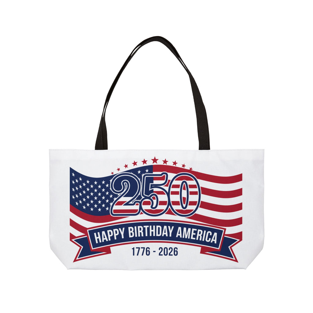 Patriotic tote bag featuring red, white, and blue design with 'Happy Birthday America 1776–2026' and a festive 250 emblem.