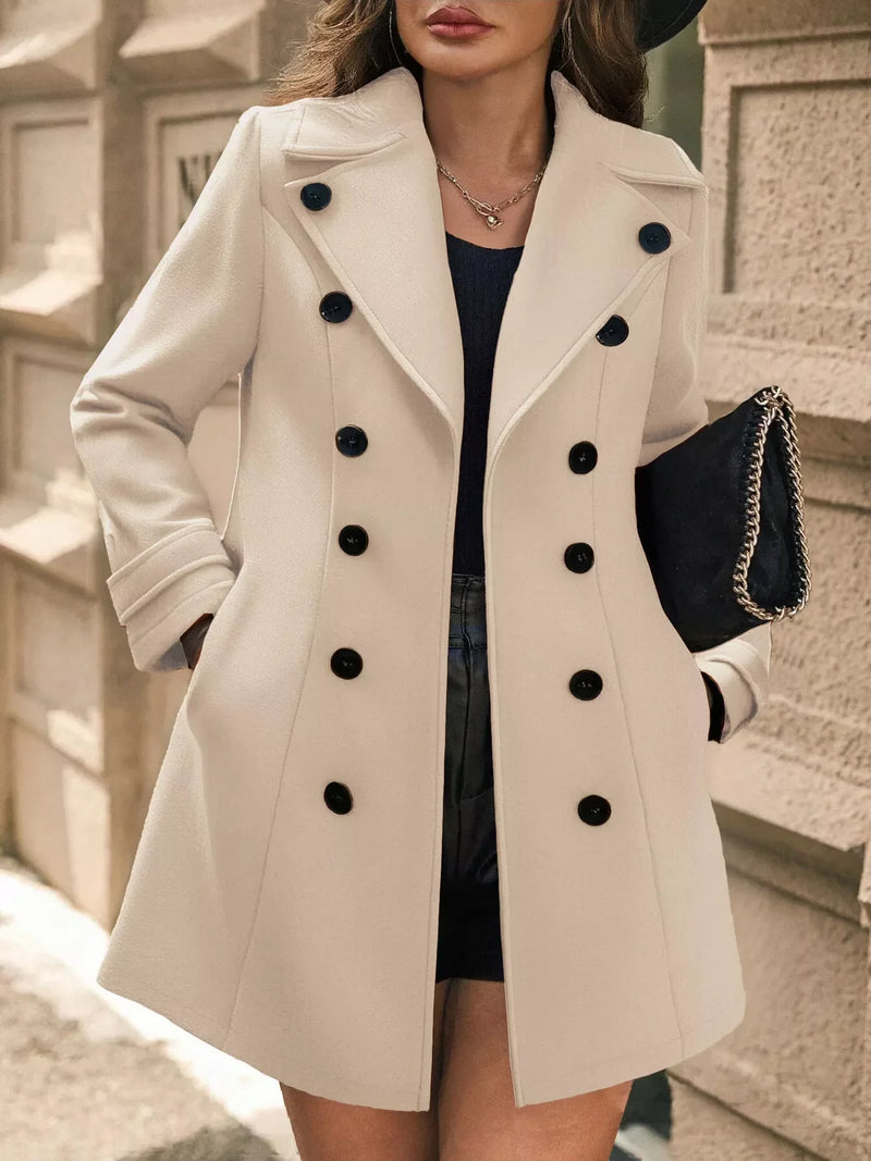 Double-Breasted Wool Blend Overcoat in beige with black buttons and stylish collar, perfect for chic winter looks.