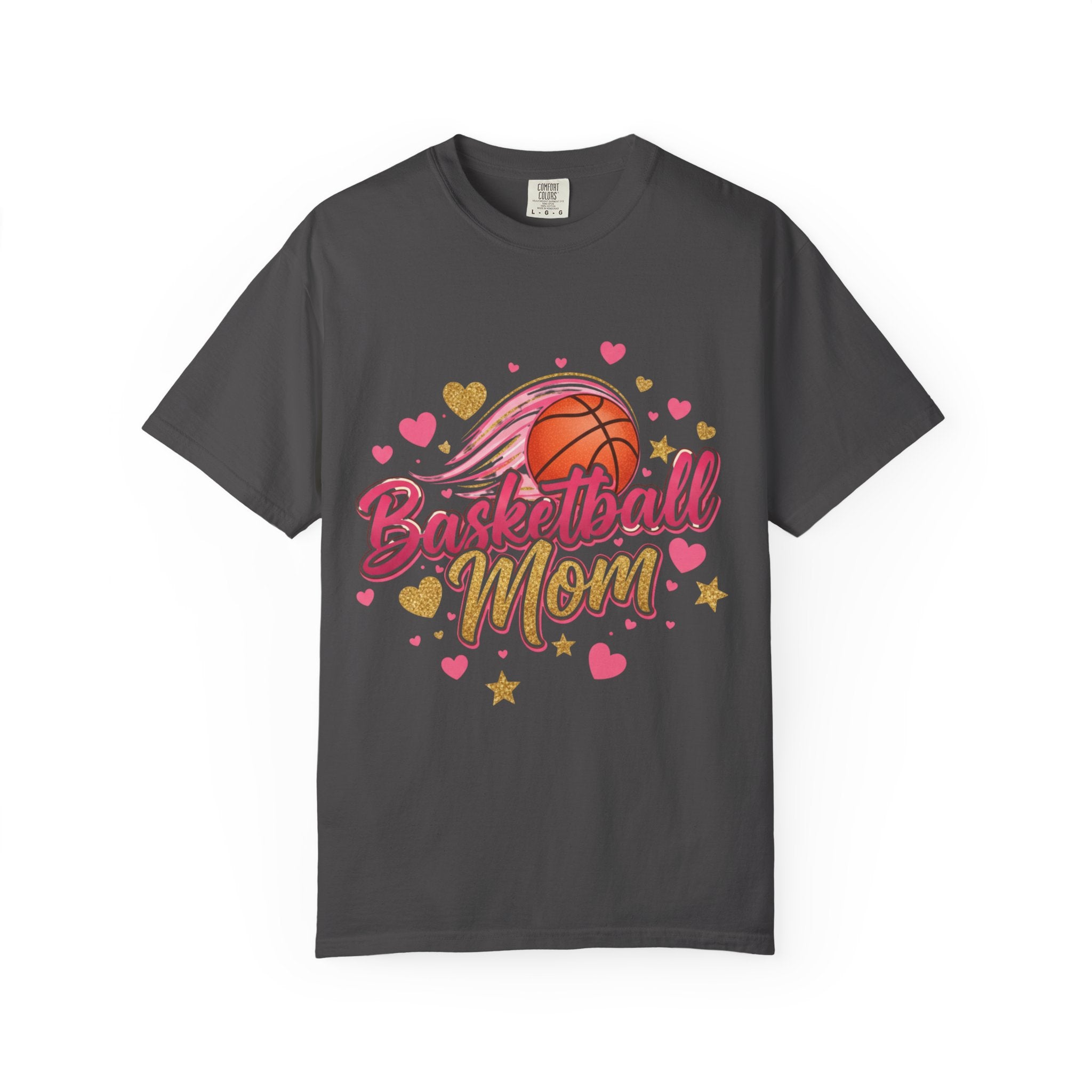 Basketball Mom Shirt in gray with colorful design featuring a basketball, hearts, and playful script.