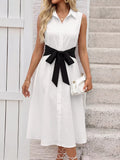 Ivory Sleeveless Shirt Dress with Bow Front View