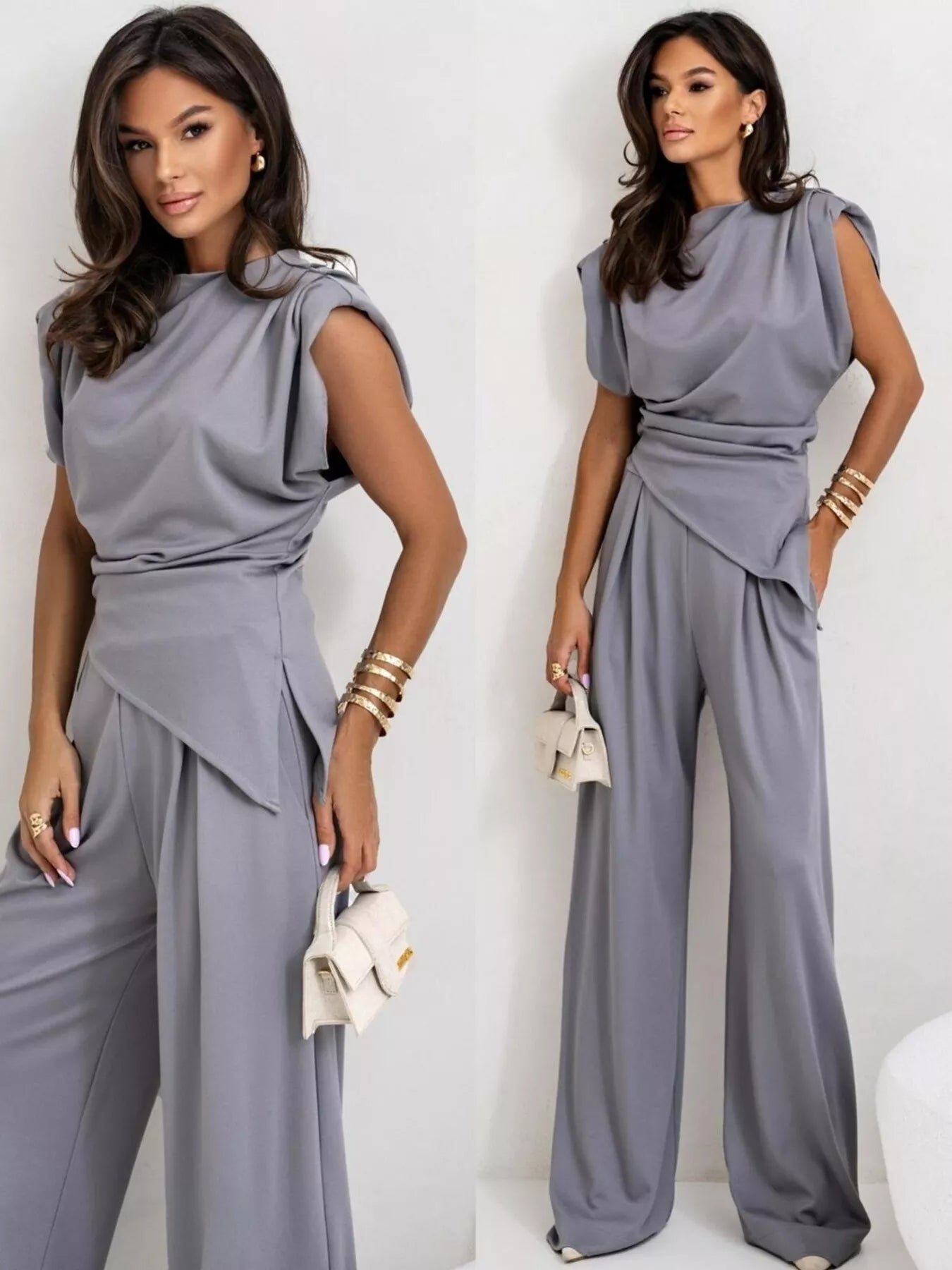 Satin cowl neck top and pants set displayed by a model in gray, showcasing elegance and comfort.