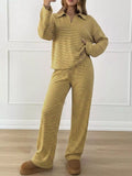Casual Striped Polo Collar Long Sleeve Top and Wide-Leg Pants Set worn by a model in a styled indoor setting.