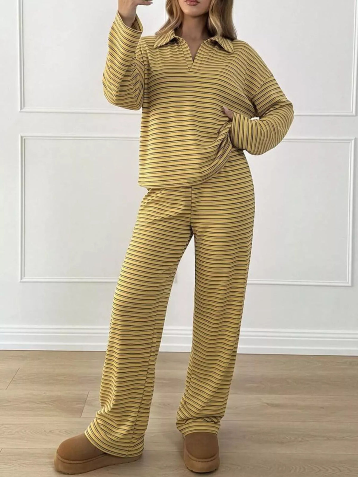 Casual Striped Polo Collar Long Sleeve Top and Wide-Leg Pants Set worn by a model in a styled indoor setting.