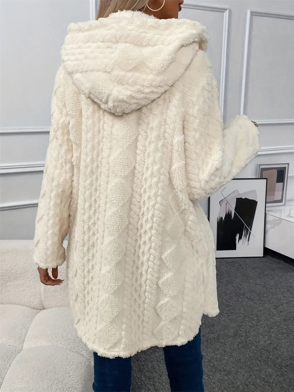 Cream Fuzzy Button Down Hooded Coat – Women’s Cozy Winter Outerwear shown from the back, featuring plush texture and hood.