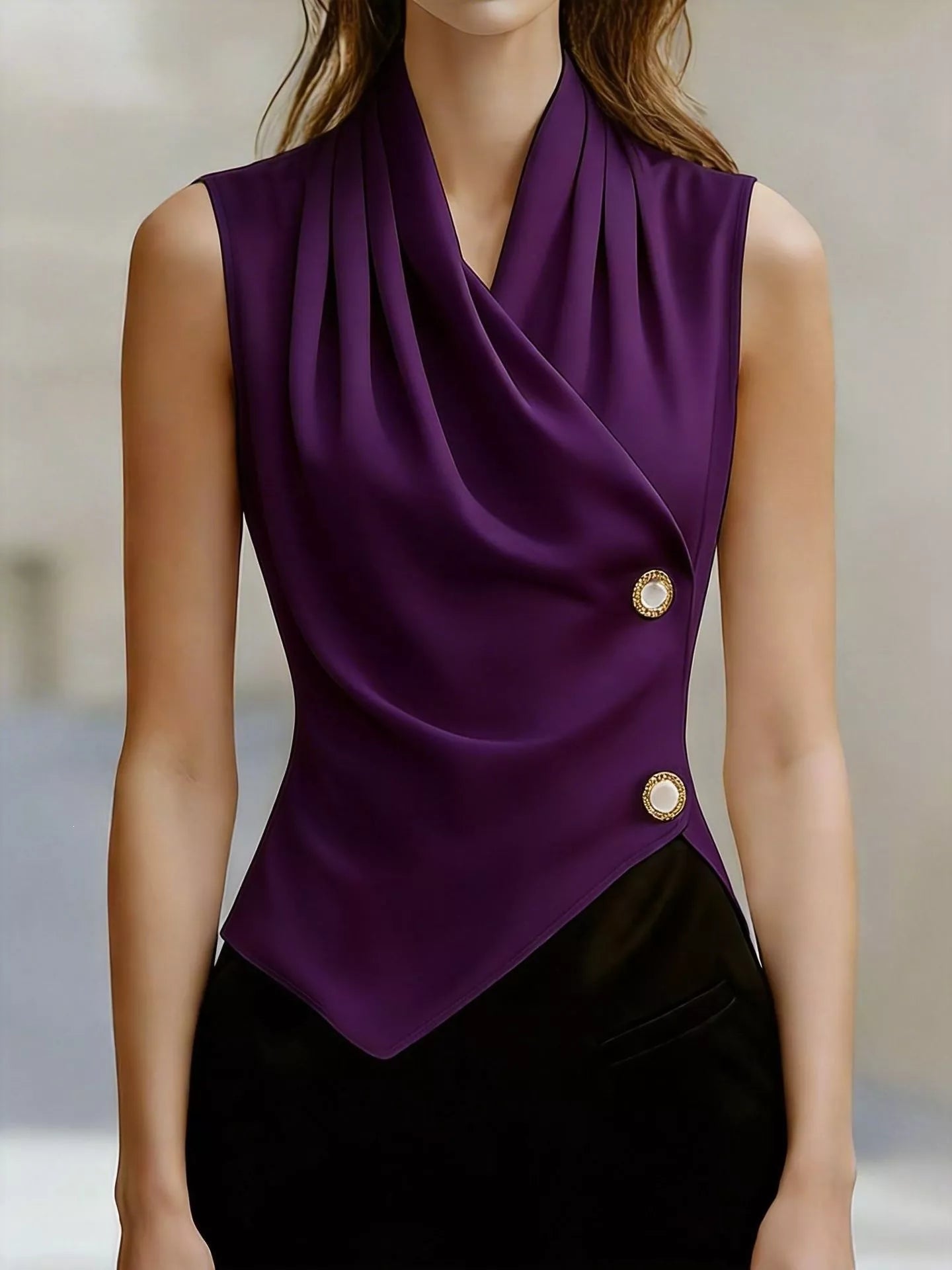 Asymmetrical tank top in a rich purple color with draped design and button accents, perfect for stylish comfort.