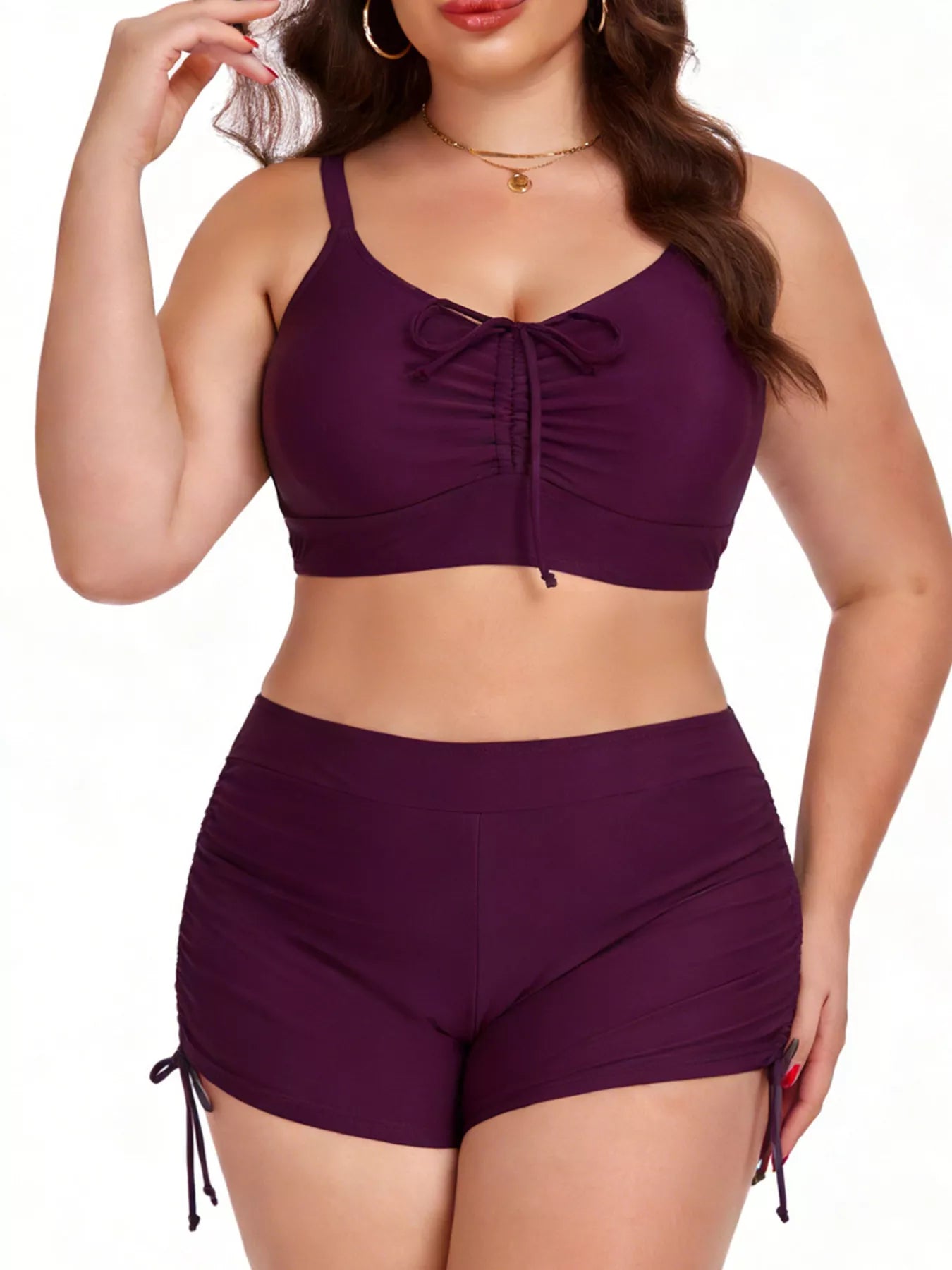 Plus size bathing suit ruched drawstring two-piece in deep purple color with removable padding and stretchy material.