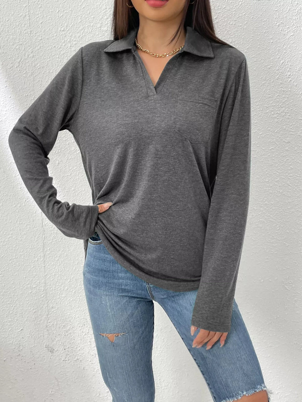 Casual Long Sleeve Polo T-Shirt in gray, featuring a relaxed fit and stylish collar, perfect for everyday wear.
