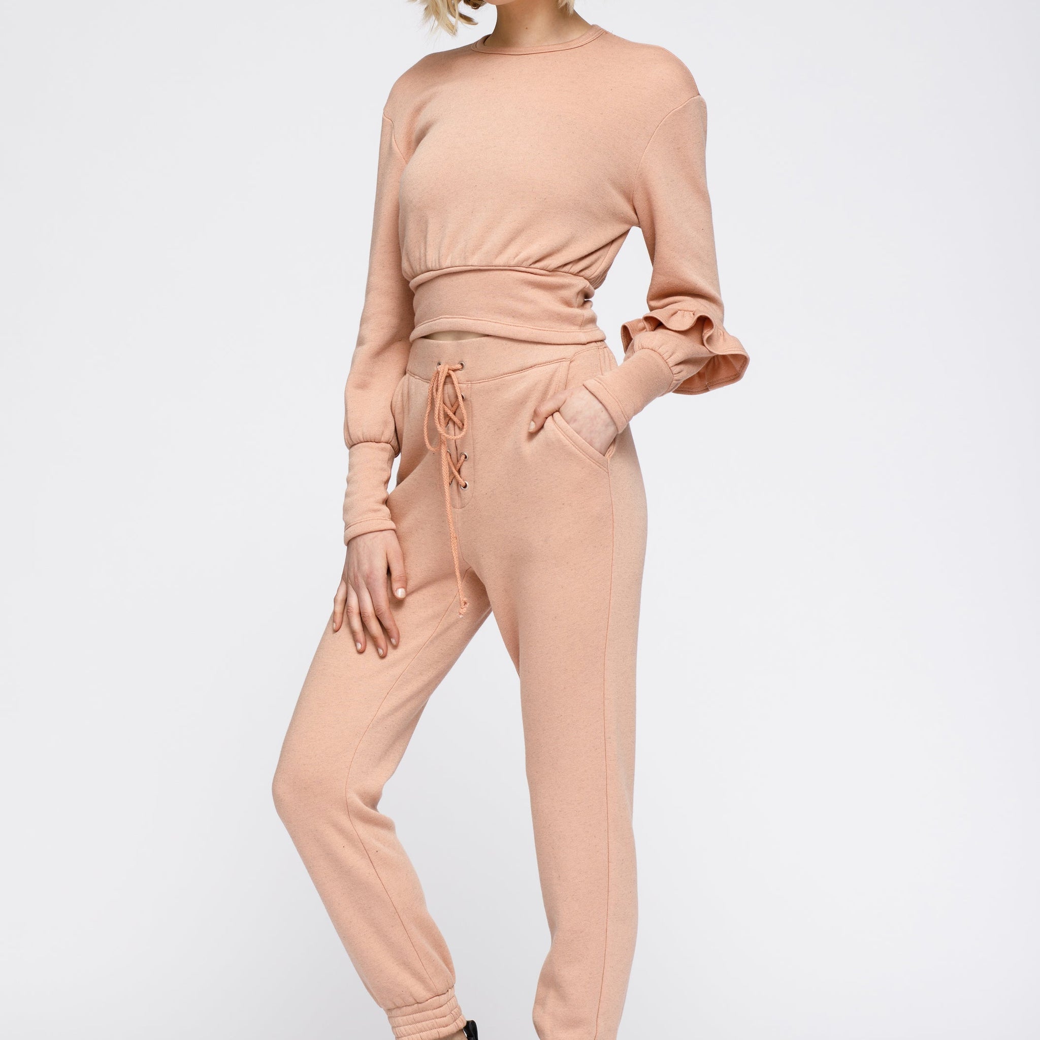 Crewneck Ruffle Sleeve Peplum Sweatshirt In Peach