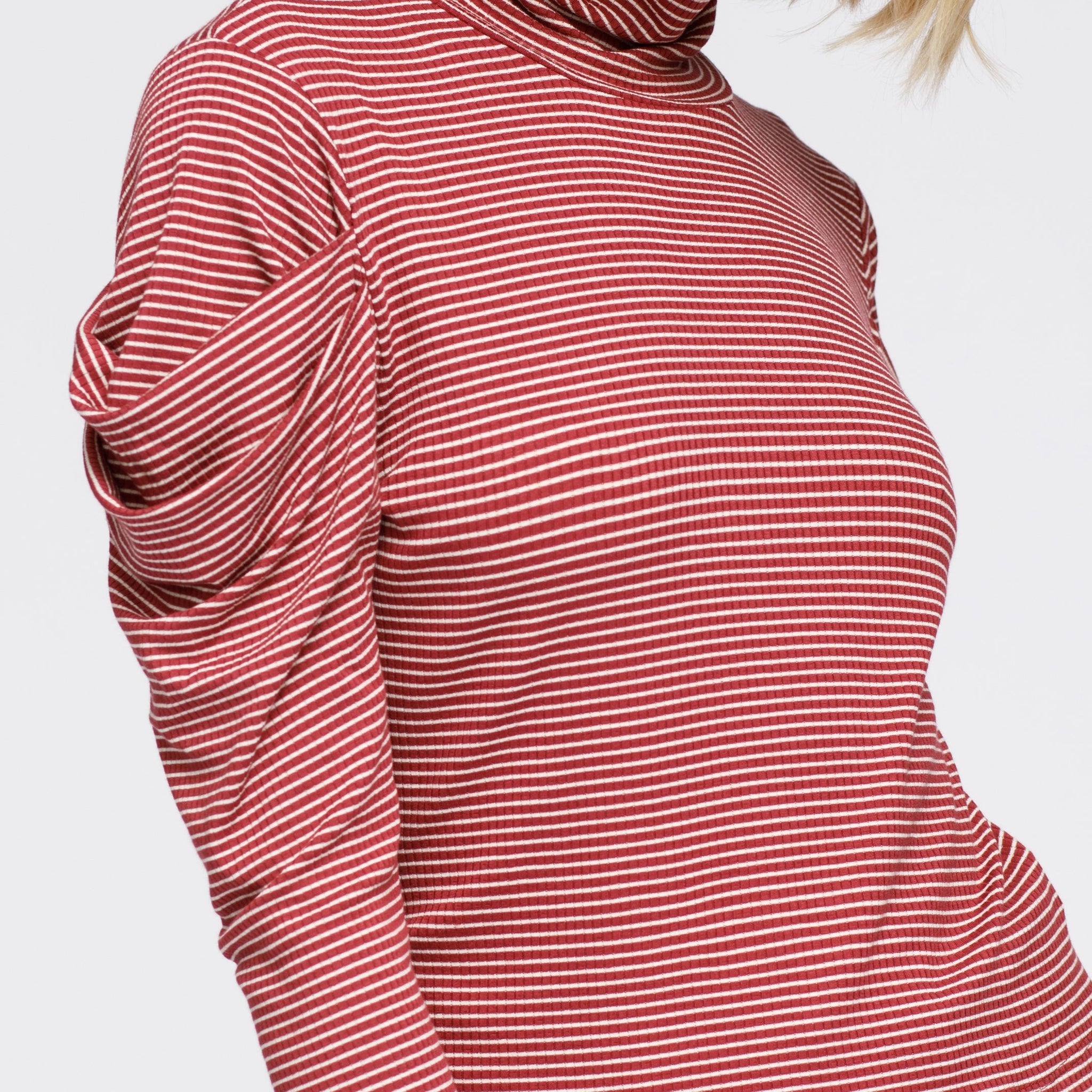 Turtle Neck Puff Sleeve Stripe Knit Top