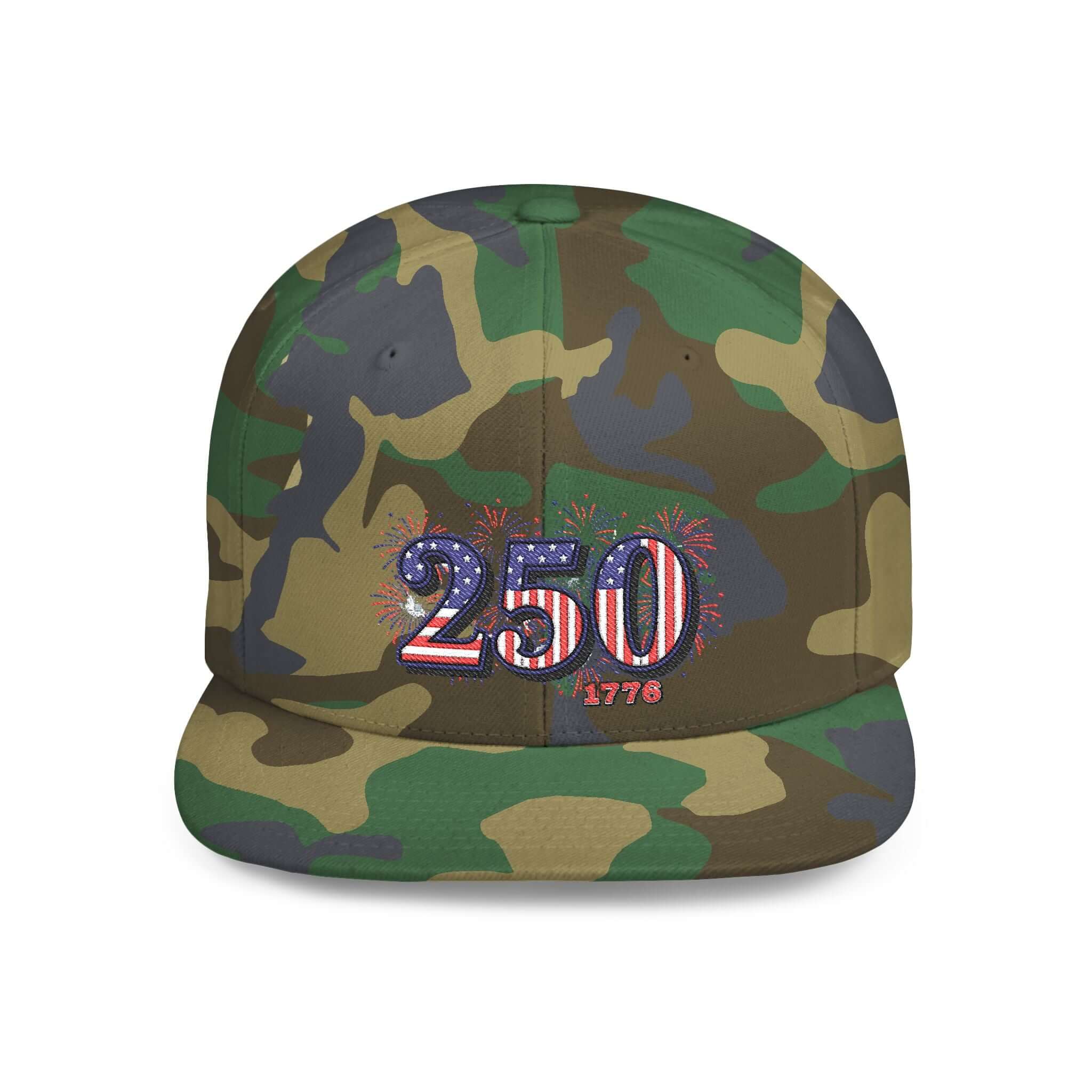 America 250th Anniversary Hat featuring a camouflage design and festive 250 1776 embroidery celebrating American history.