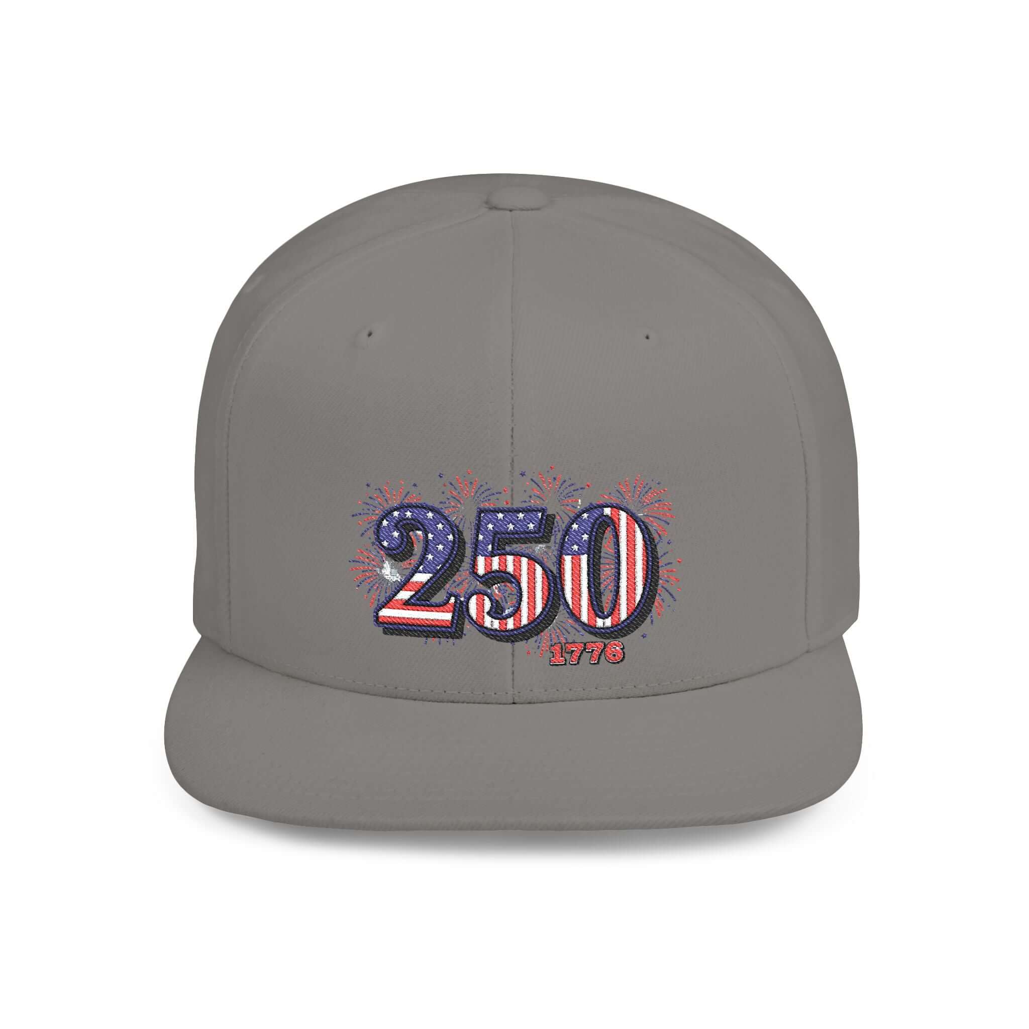 America 250th Anniversary Hat featuring fireworks design and bold '250 1776' text on a flat bill snapback.