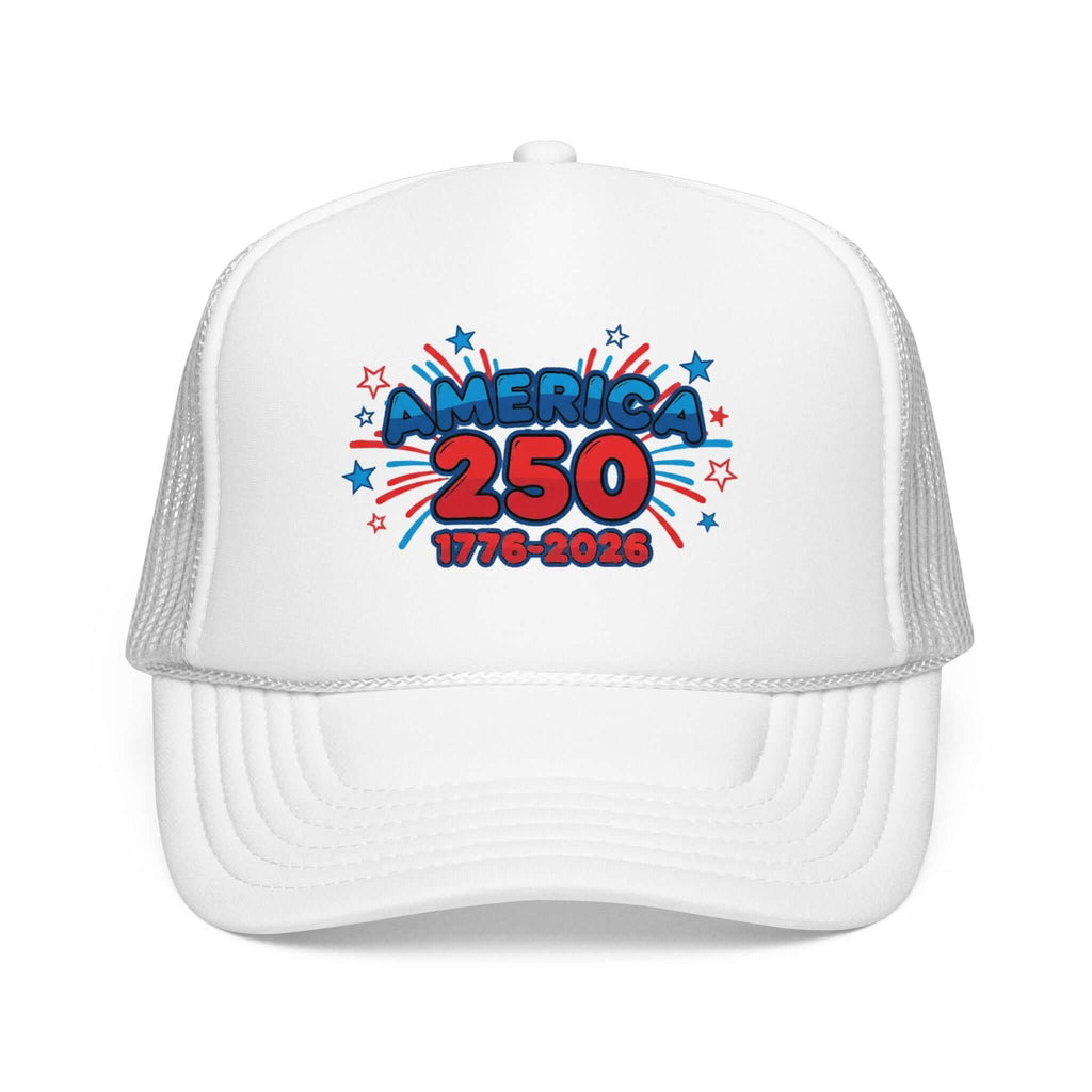 America 250th anniversary hat featuring colorful fireworks design and bold text, celebrating 250 years of America.
