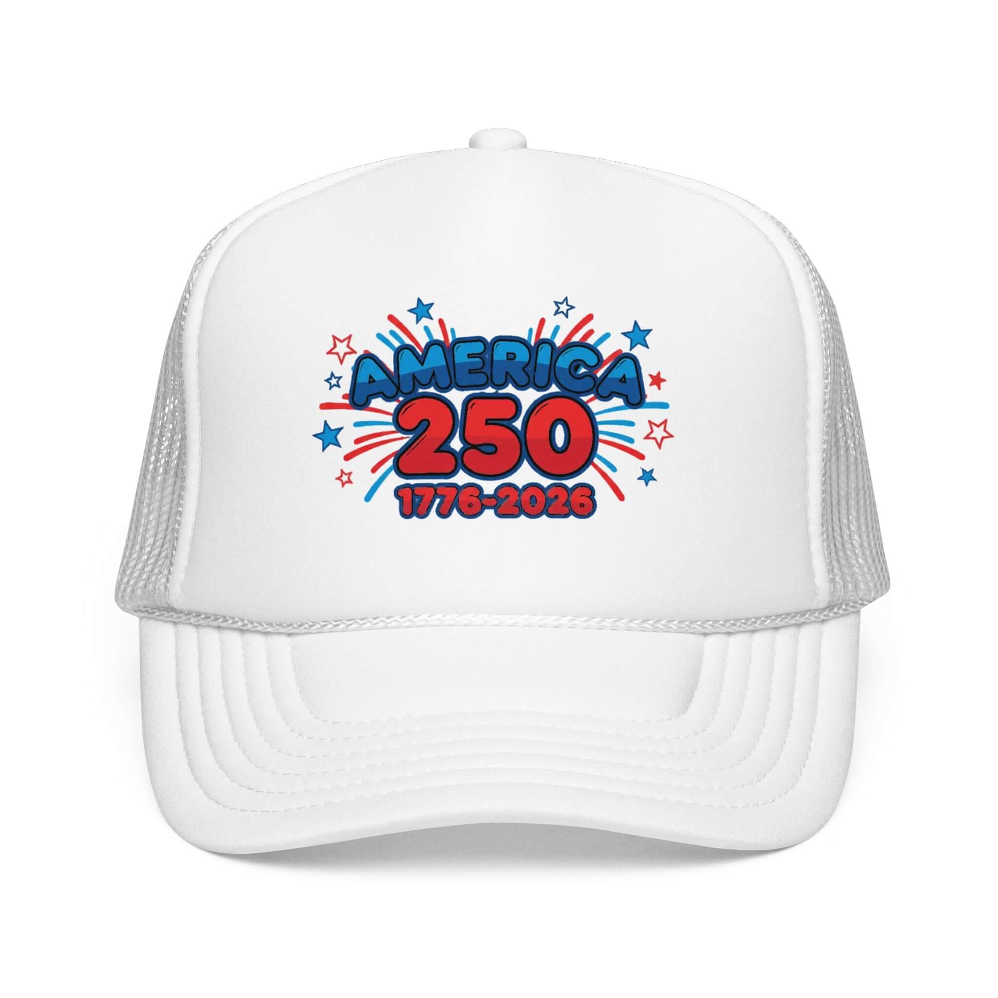 America 250th anniversary hat featuring colorful fireworks design and bold text, celebrating 250 years of America.