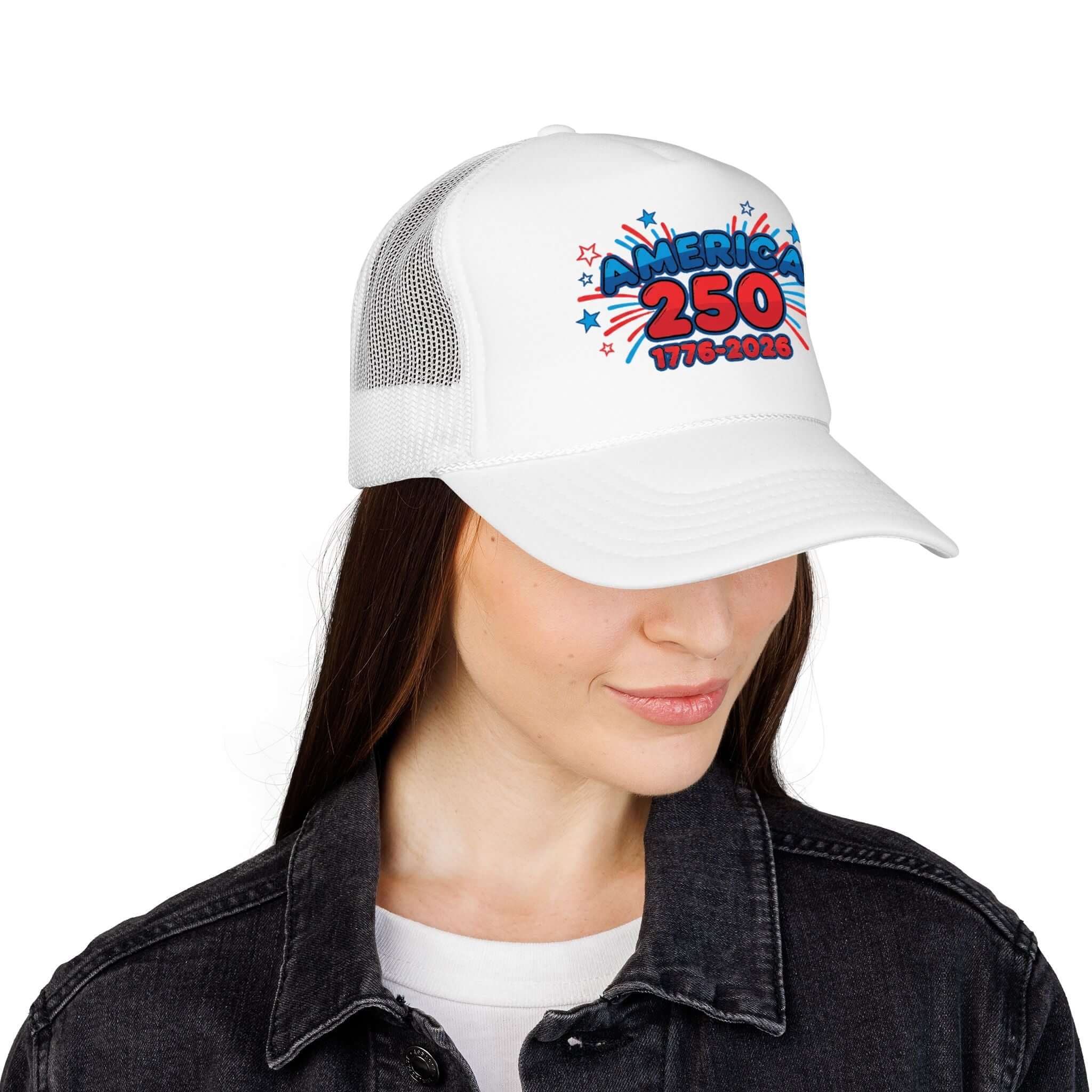 America 250th anniversary hat worn by a woman, featuring patriotic design with stars and the year 1776-2026.