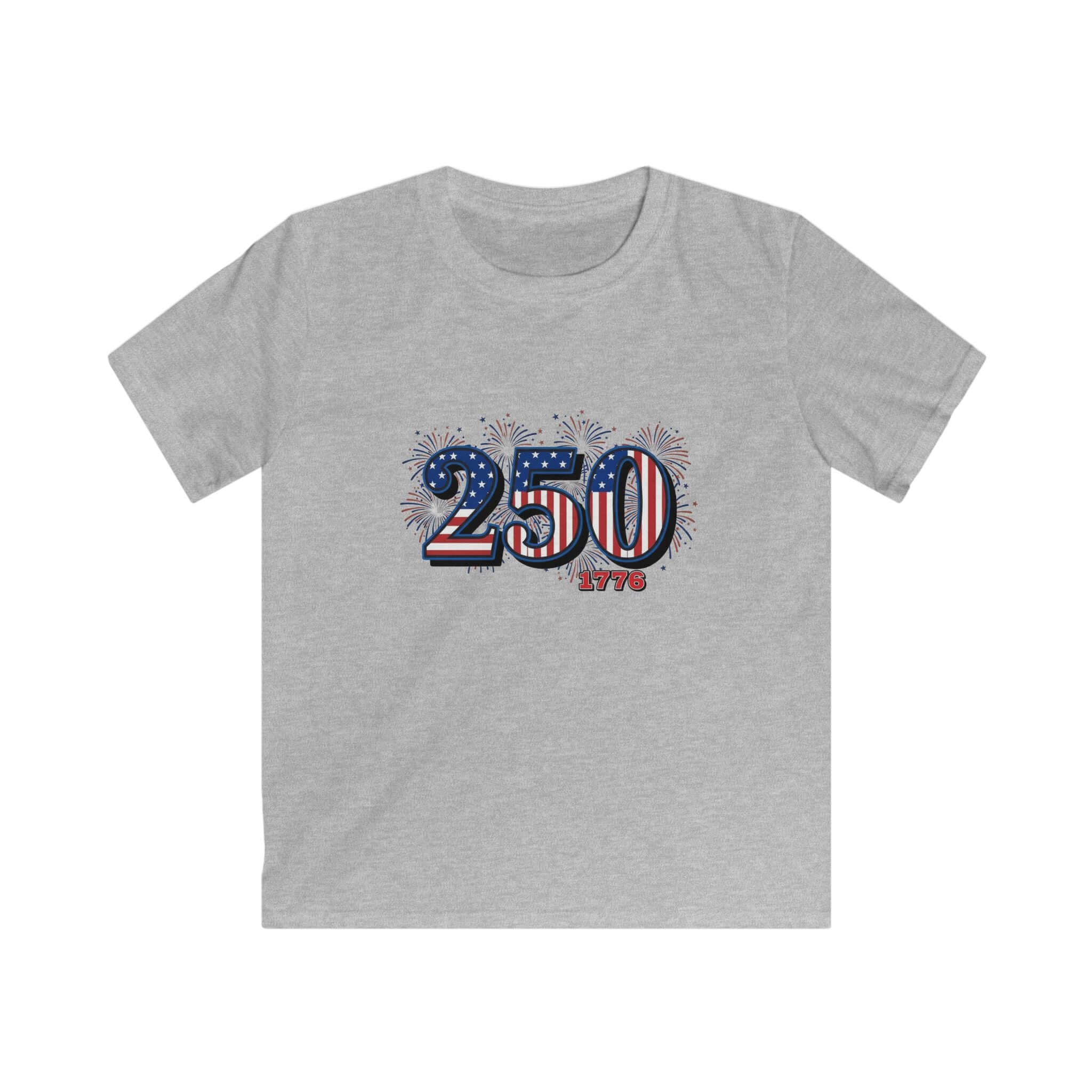 America 250th Anniversary Kids Tee featuring fireworks design and bold '250' text on a gray t-shirt.