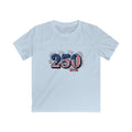 America 250th Anniversary Kids Tee featuring fireworks and bold 250 design in red, white, and blue.