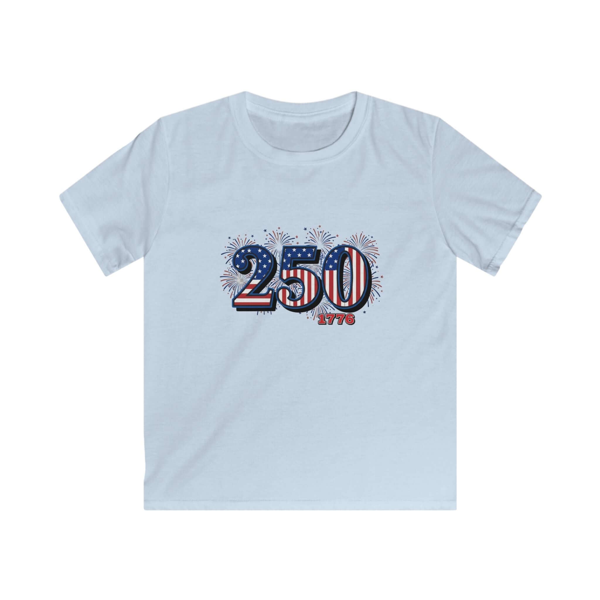 America 250th Anniversary Kids Tee featuring fireworks and bold 250 design in red, white, and blue.
