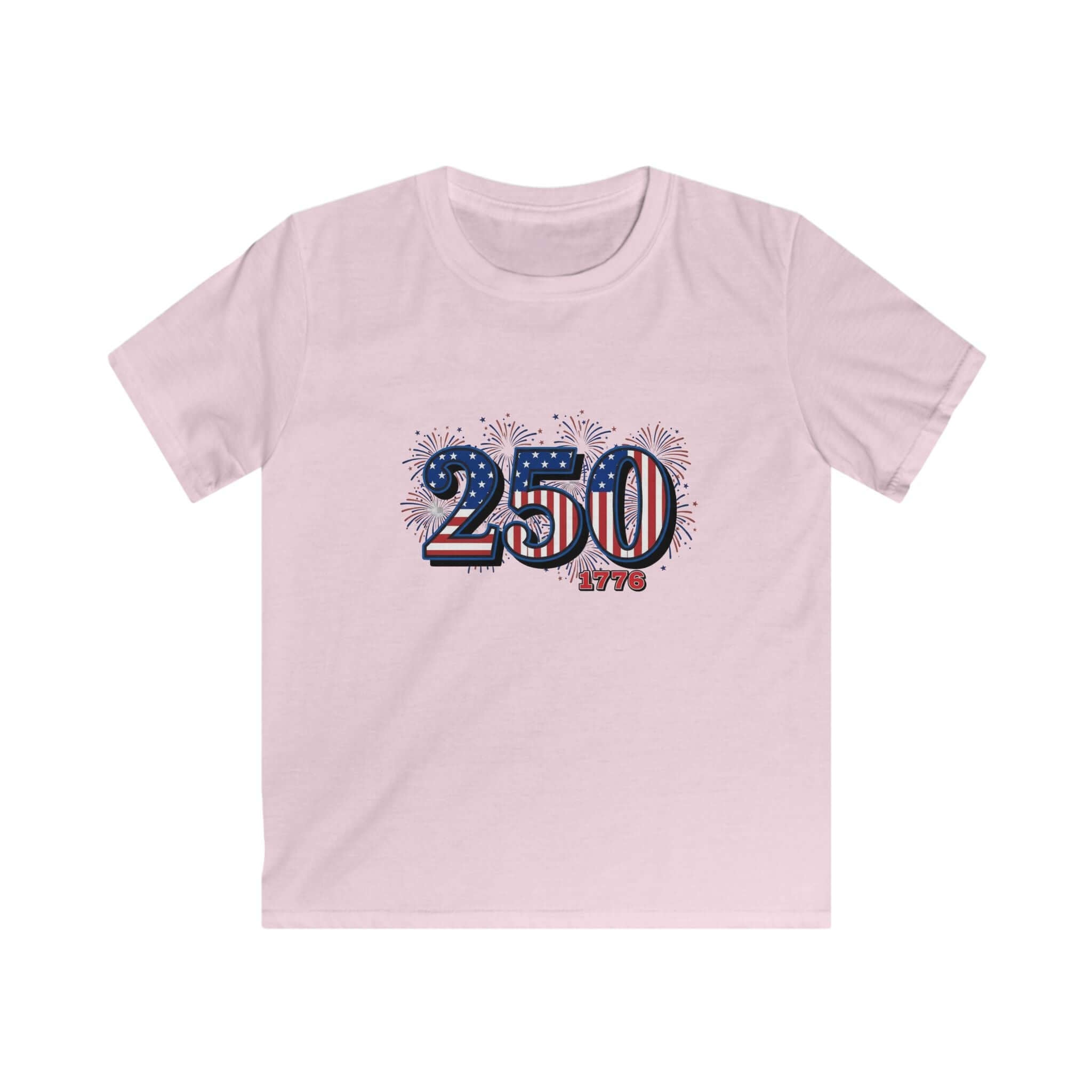 America 250th Anniversary Kids Tee featuring colorful '250' design with fireworks on a pink background.