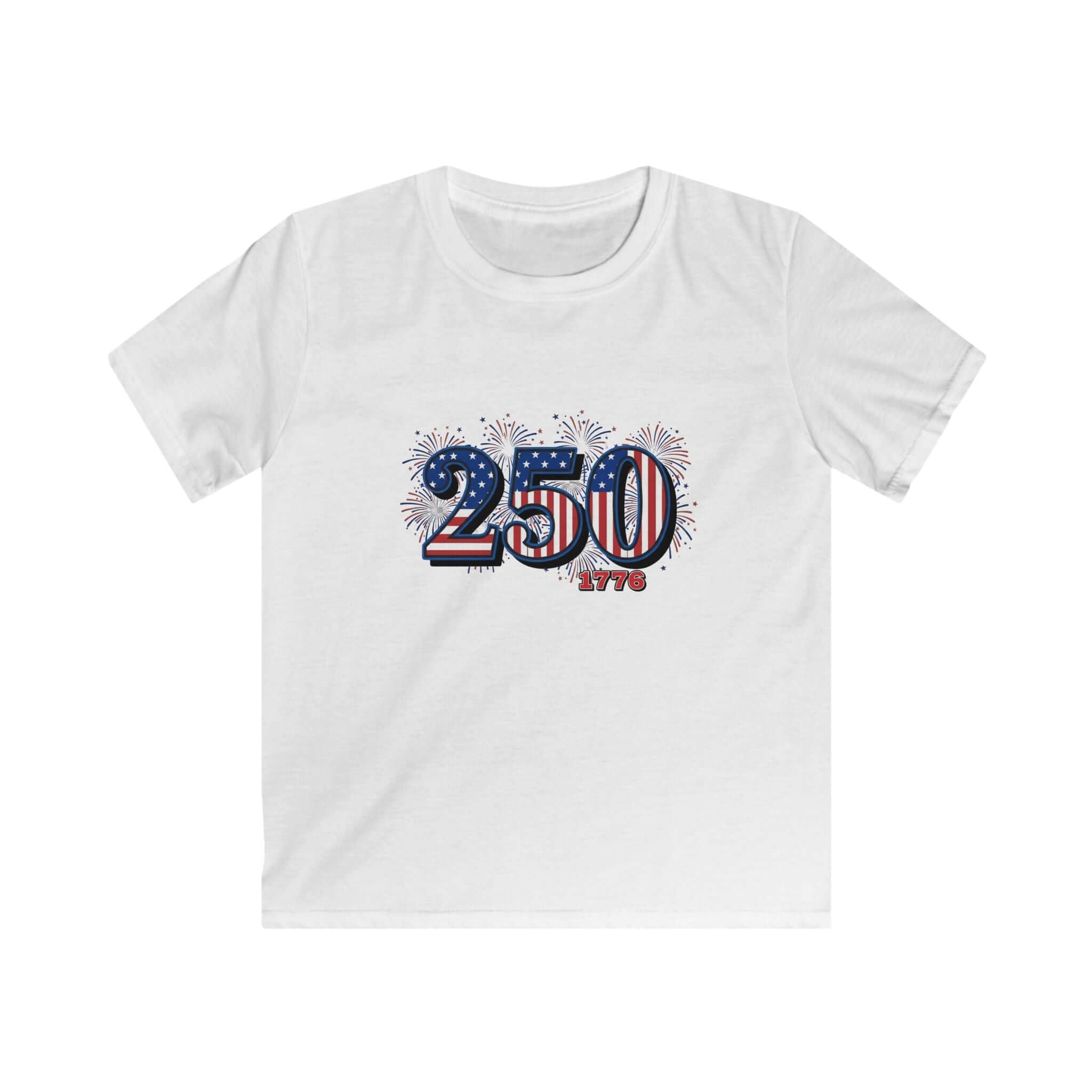 America 250th Anniversary Kids Tee featuring fireworks and bold text celebrating 250 years of independence.